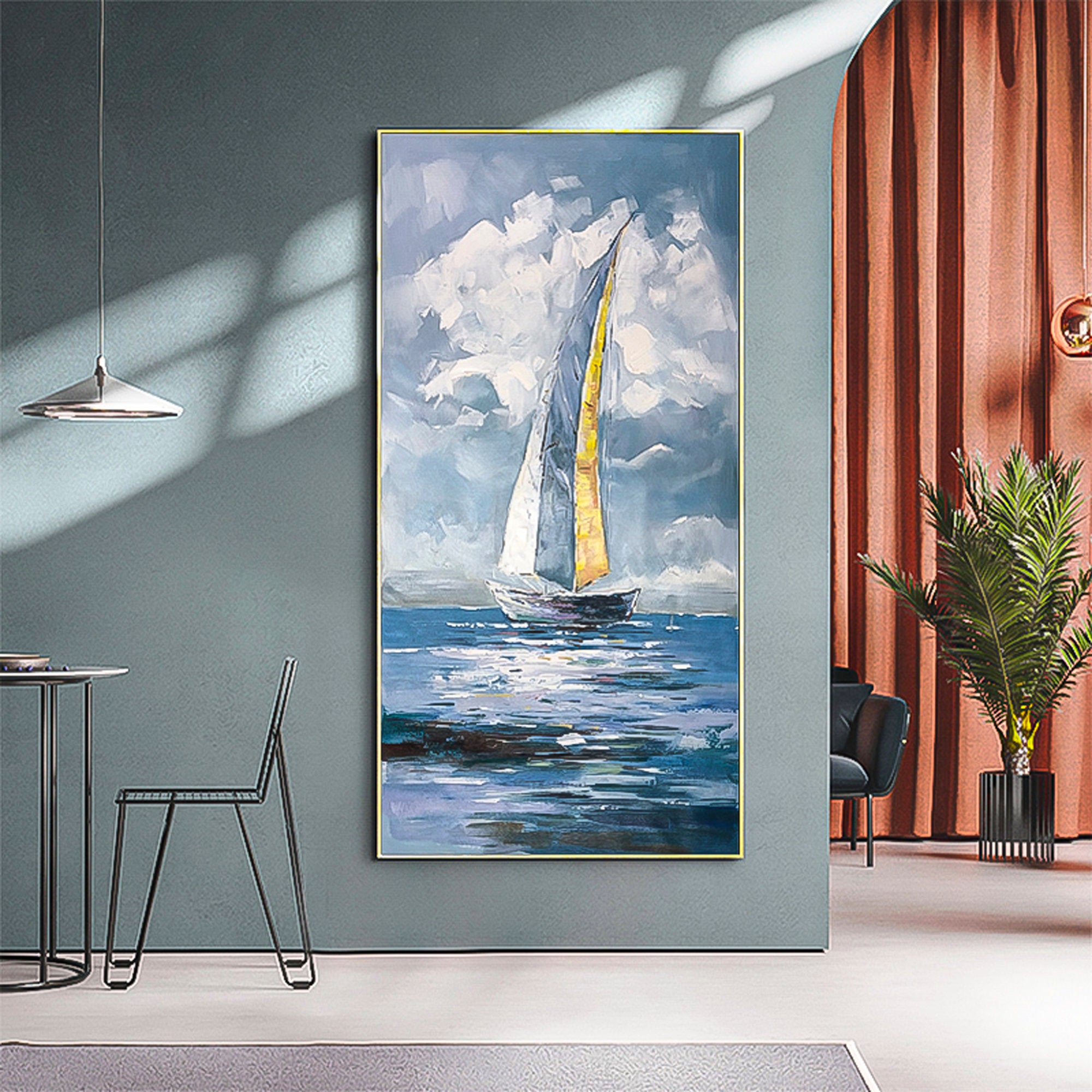 Sailboat Painting 2 piece wall art gallery wall set Original Modern Abstract Oil Painting On Canvas Set of 2 Vertical designer wall art