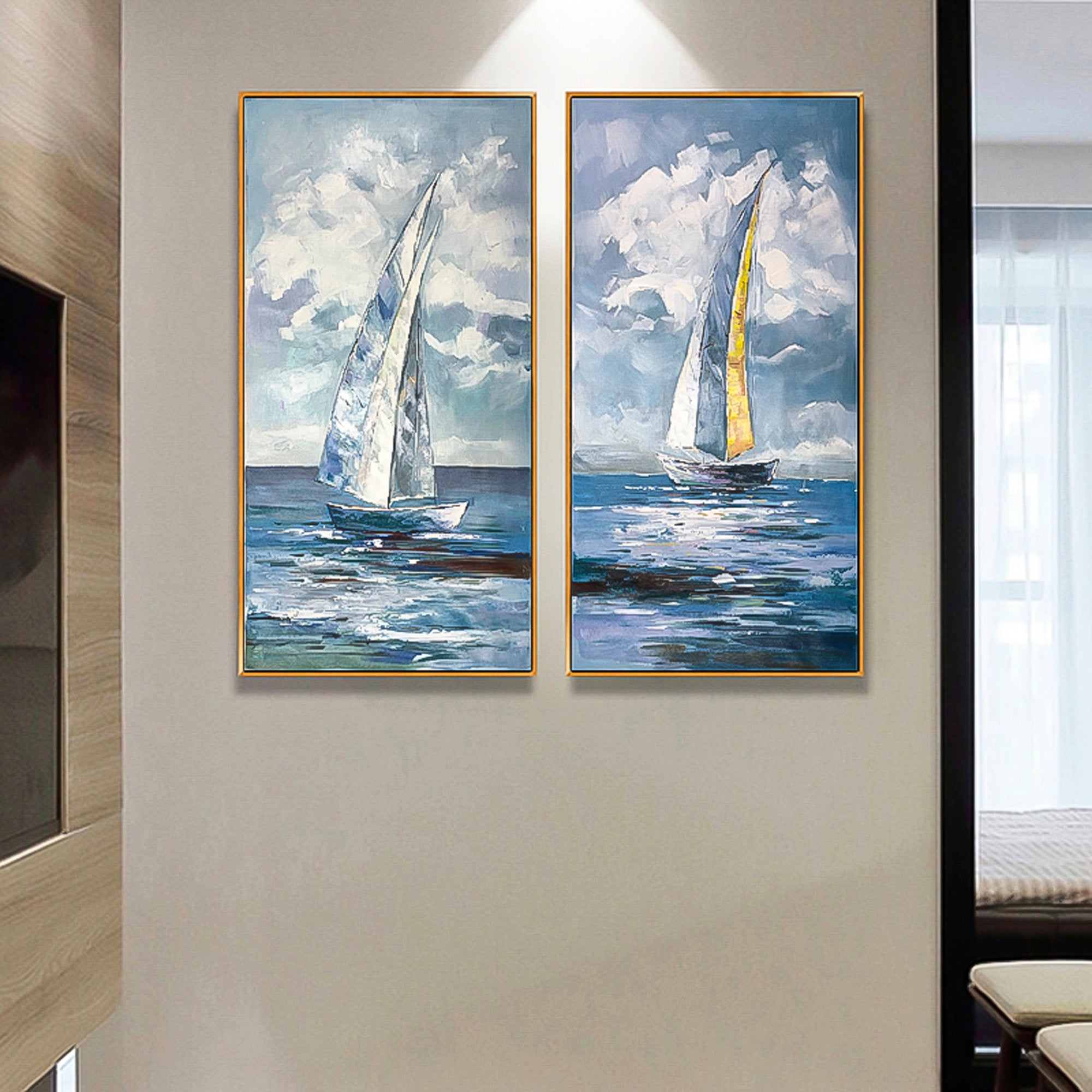 Sailboat Painting 2 piece wall art gallery wall set Original Modern Abstract Oil Painting On Canvas Set of 2 Vertical designer wall art