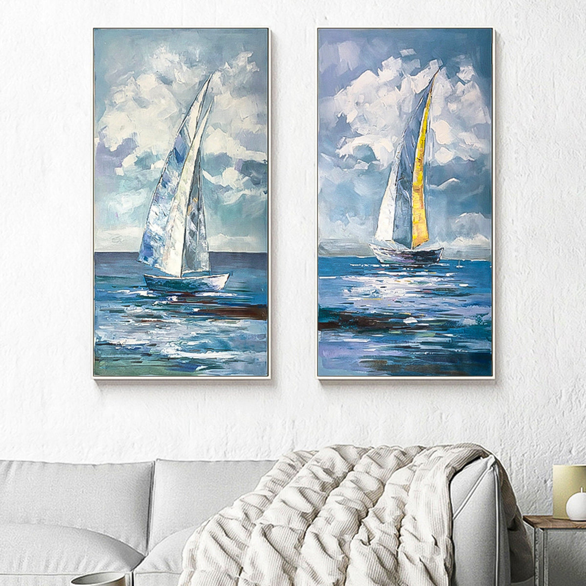 Sailboat Painting 2 piece wall art gallery wall set Original Modern Abstract Oil Painting On Canvas Set of 2 Vertical designer wall art