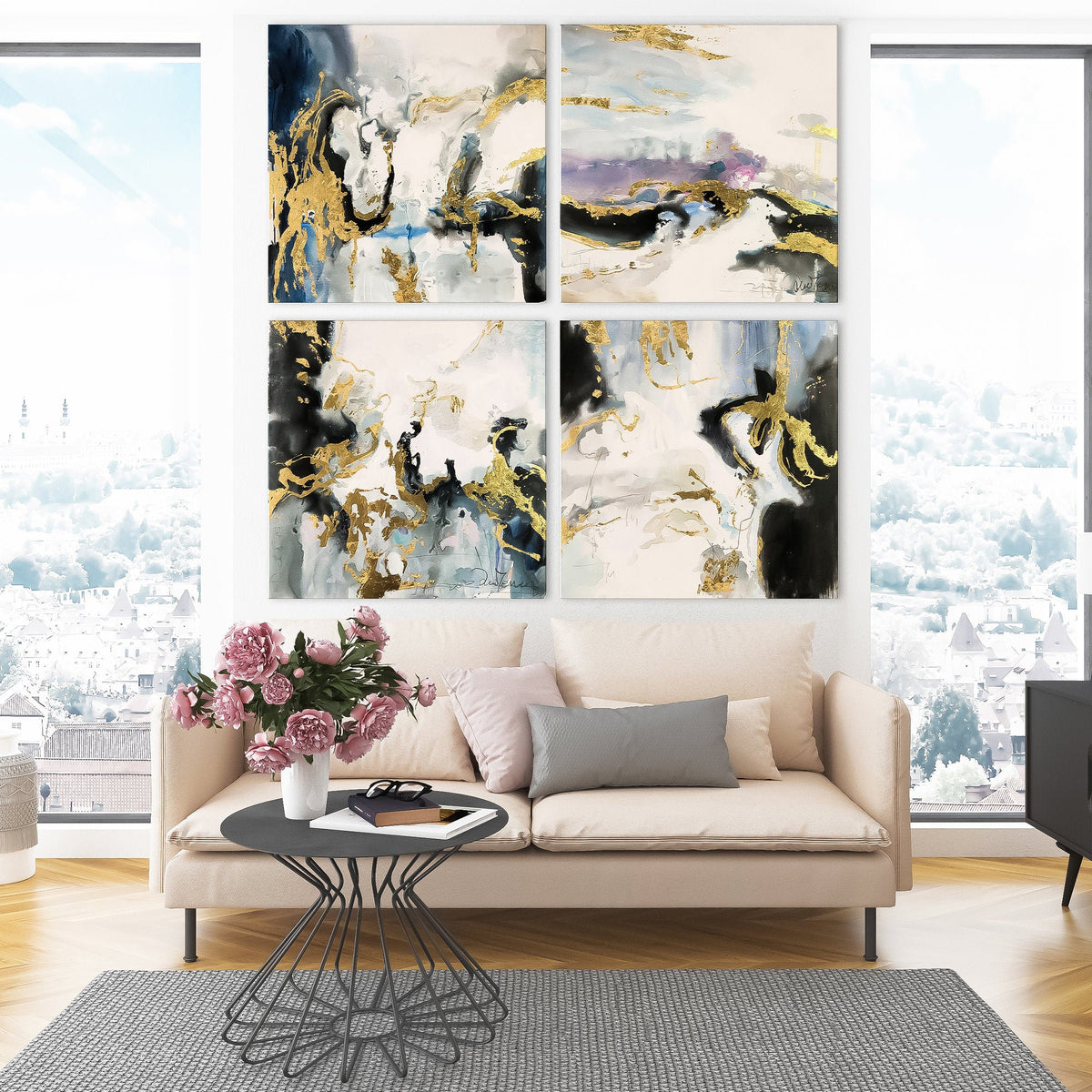 Marble Wall Art Square black and gold abstract wall art sets of 4 Paintings Original Large Artwork Wall Painting For Living Room