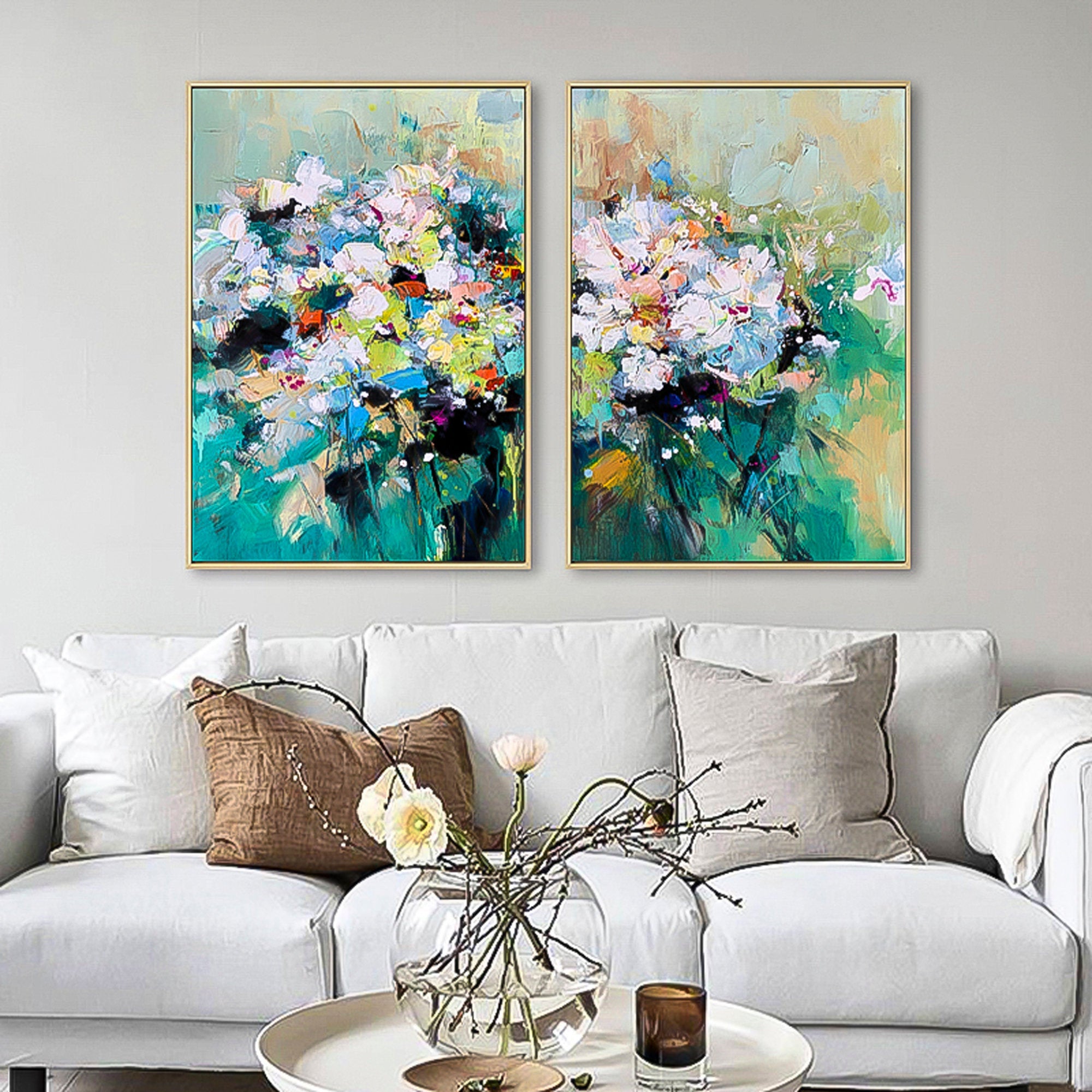 2 piece wall art gallery wall set Green succulent wall art floral oil painting Modern Abstract Oil Painting On Canvas Set of 2 Vertical