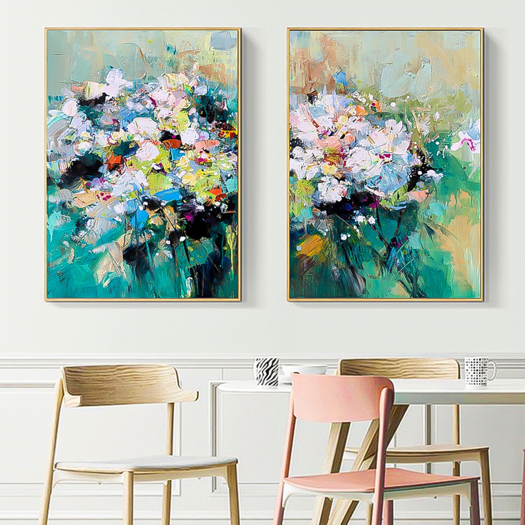 2 piece wall art gallery wall set Green succulent wall art floral oil painting Modern Abstract Oil Painting On Canvas Set of 2 Vertical