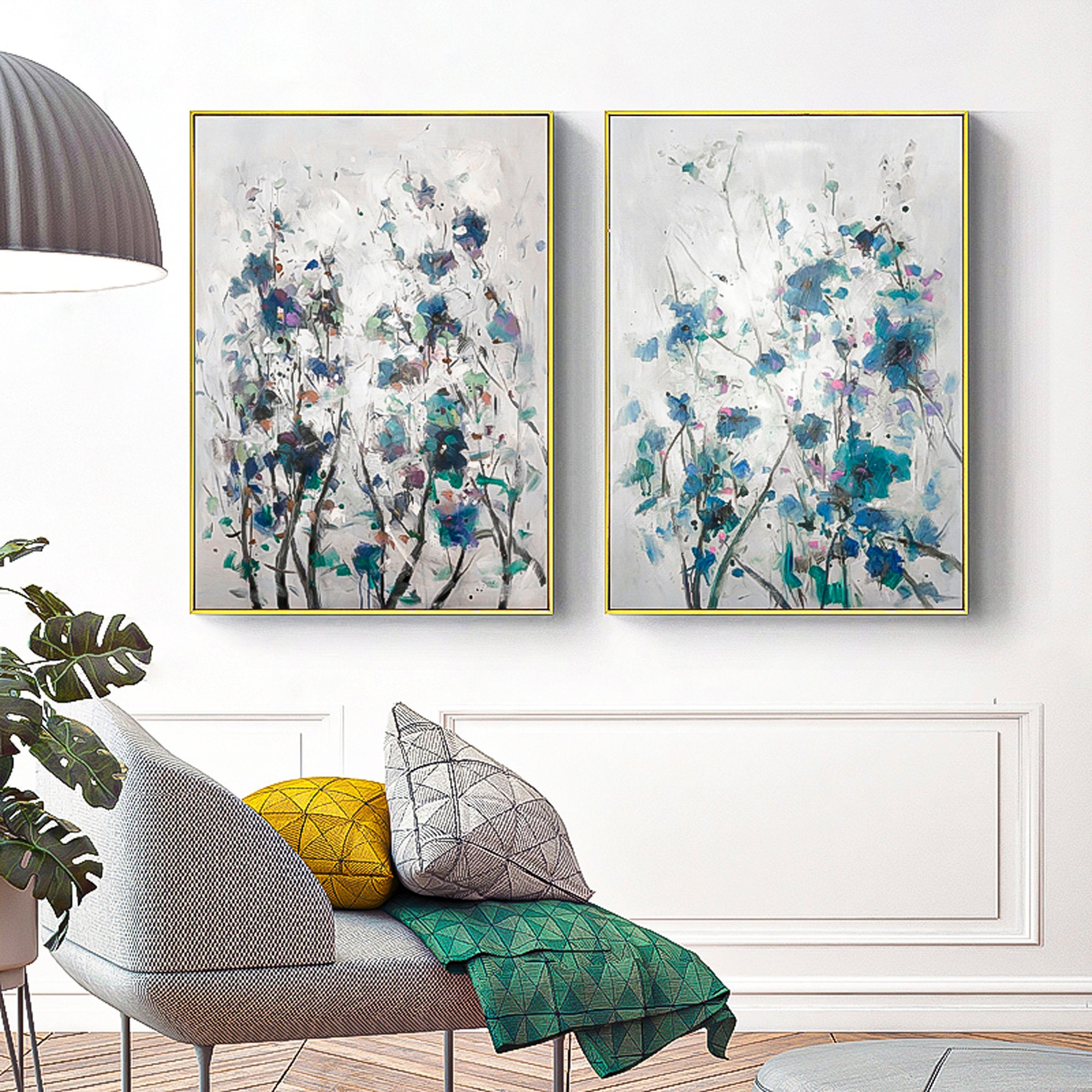 2 piece wall art gallery wall set Blue succulent wall art floral oil painting Modern Abstract Oil Painting On Canvas Set of 2 Vertical