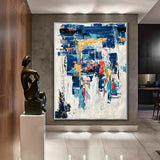 Blue and Black Gold Modern Style Brush Stroke Art Abstract Oil Painting Vertical