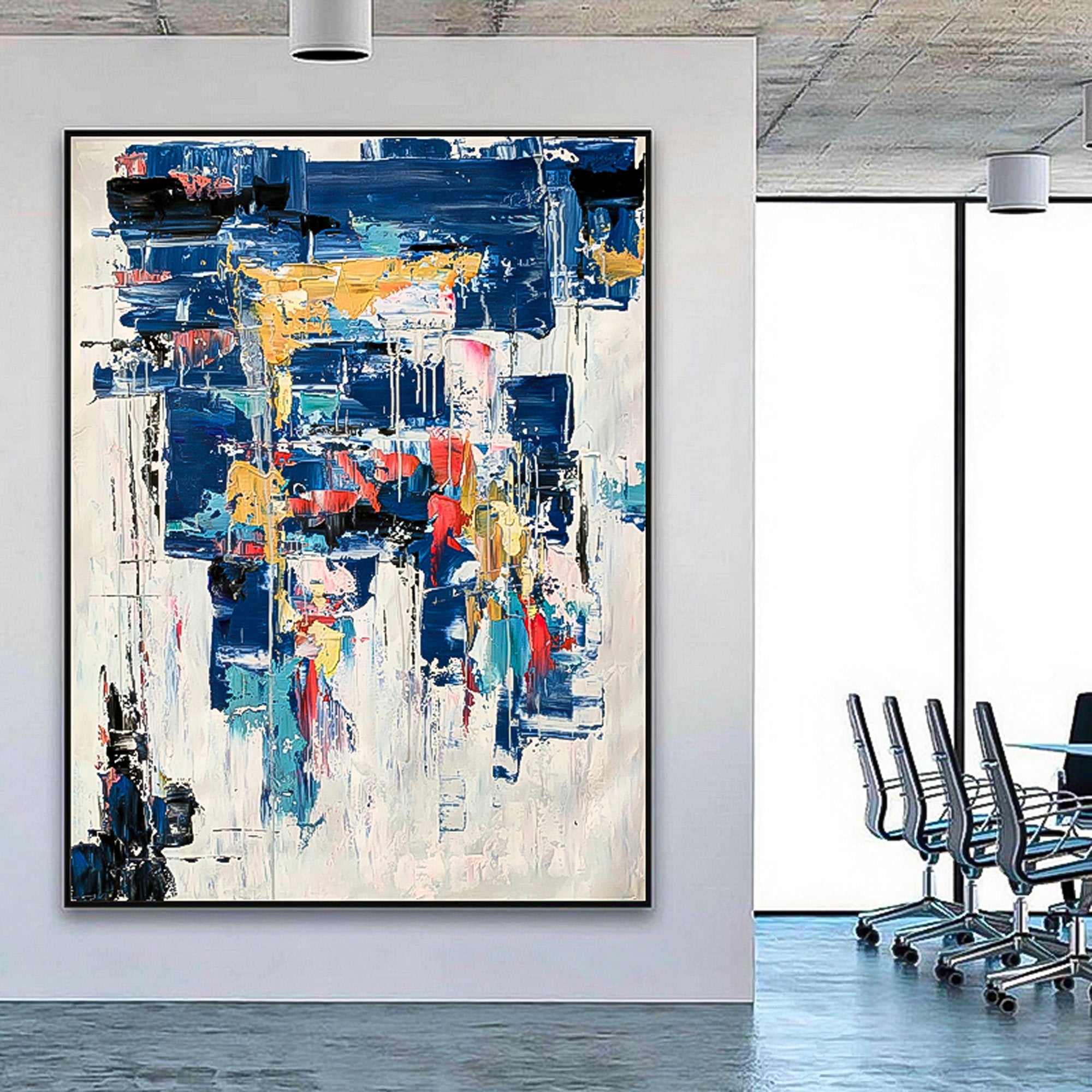 Blue and Black Gold Modern Style Brush Stroke Art Abstract Oil Painting Vertical