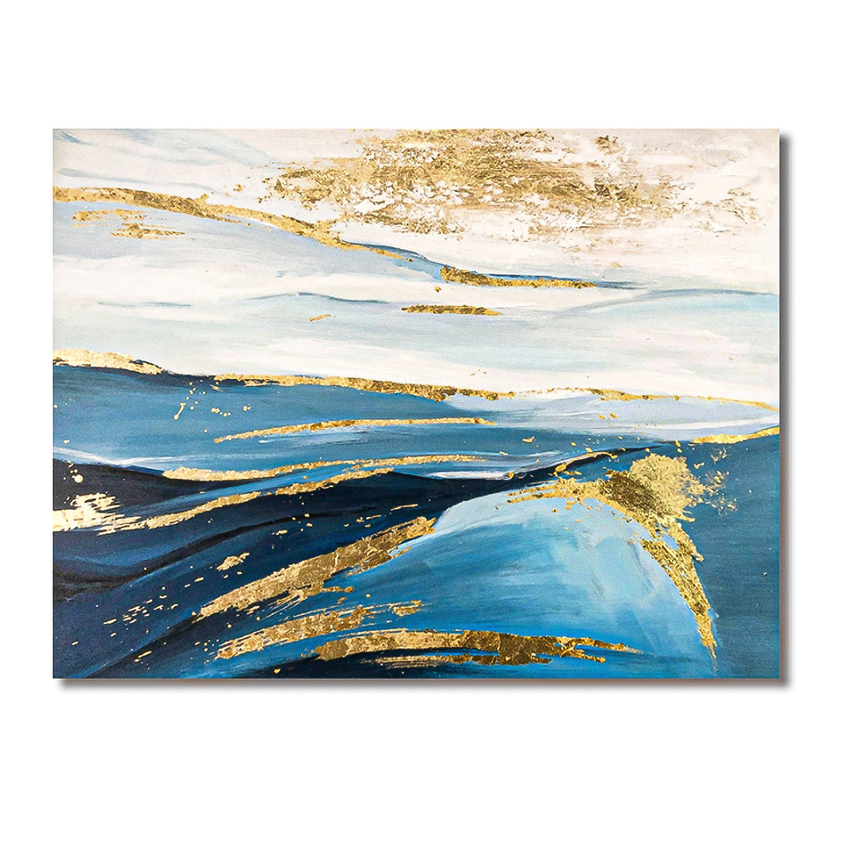 Blue Sea Ocean Oil Painting Abstract Gold Foil Art Navy Blue Light Blue Wall Art therapy Horizontal