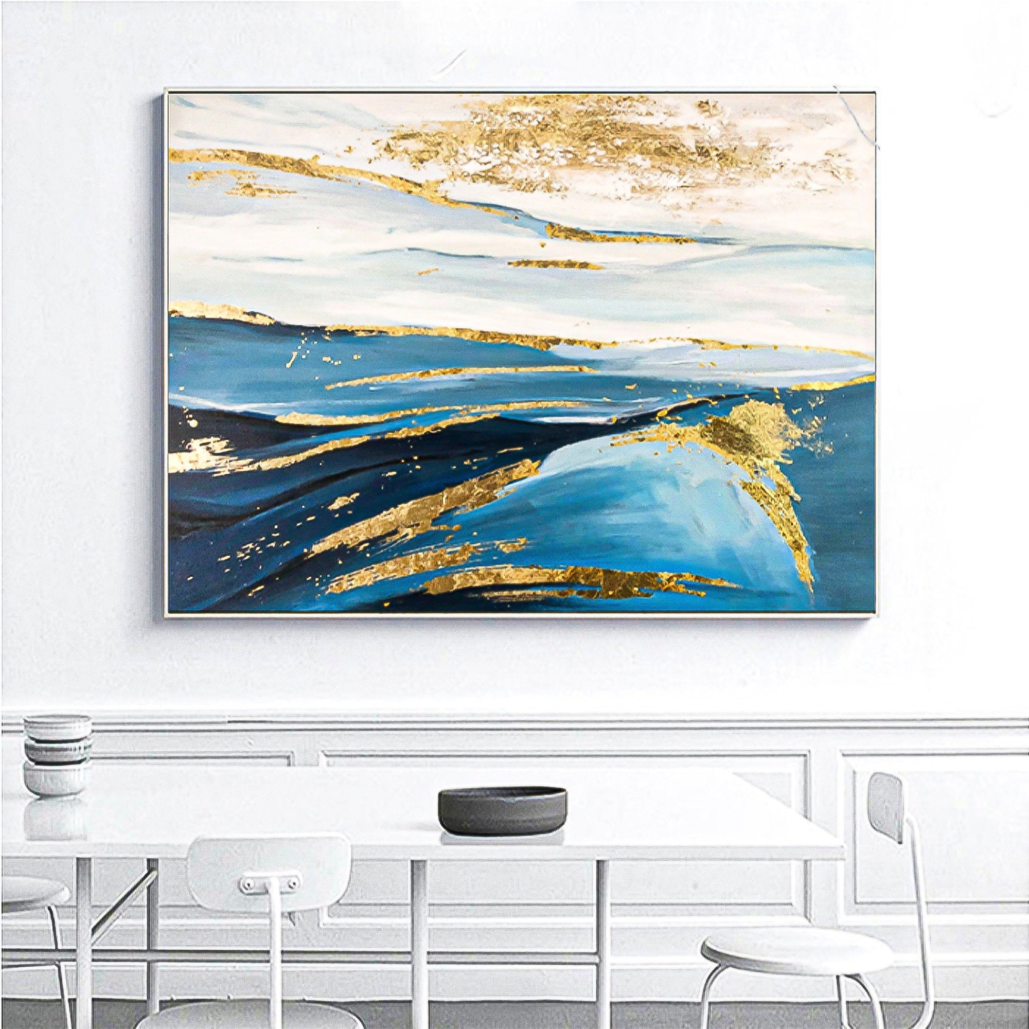 Blue Sea Ocean Oil Painting Abstract Gold Foil Art Navy Blue Light Blue Wall Art therapy Horizontal