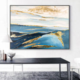 Blue Sea Ocean Oil Painting Abstract Gold Foil Art Navy Blue Light Blue Wall Art therapy Horizontal