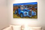 Original oil painting of an old truck blue heavy textured knife palette Horizontal