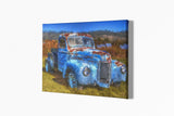 Original oil painting of an old truck blue heavy textured knife palette Horizontal