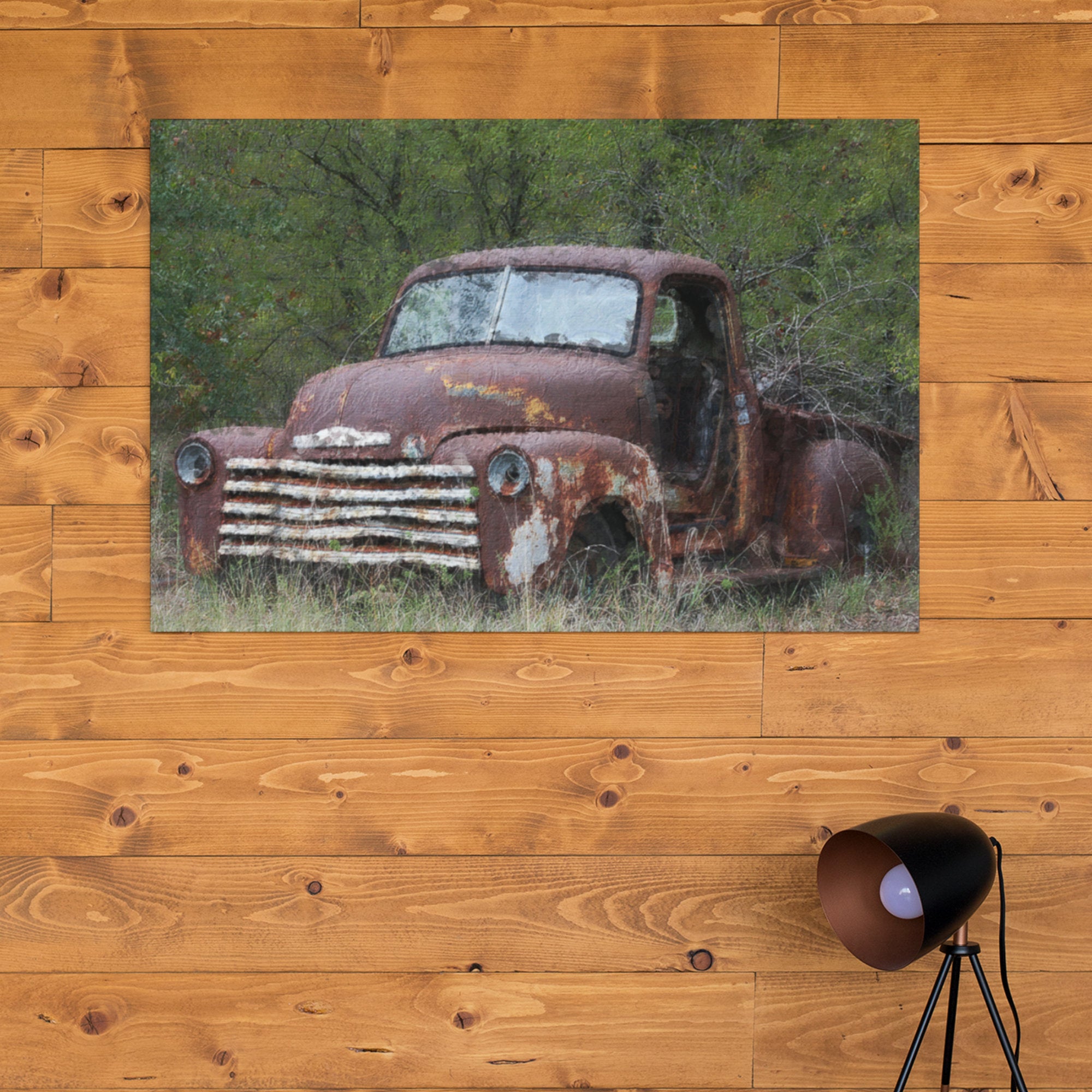 Original oil painting of an old truck old abandon brown truck heavy textured knife palette Horizontal