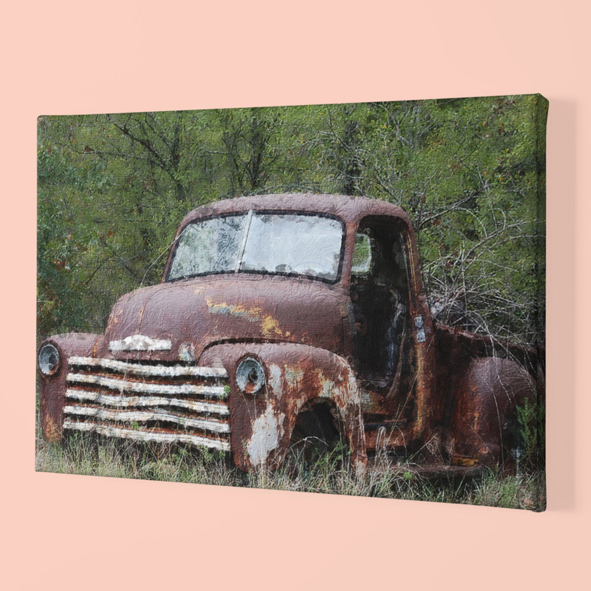 Original oil painting of an old truck old abandon brown truck heavy textured knife palette Horizontal