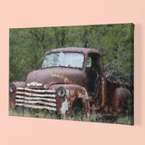 Original oil painting of an old truck old abandon brown truck heavy textured knife palette Horizontal