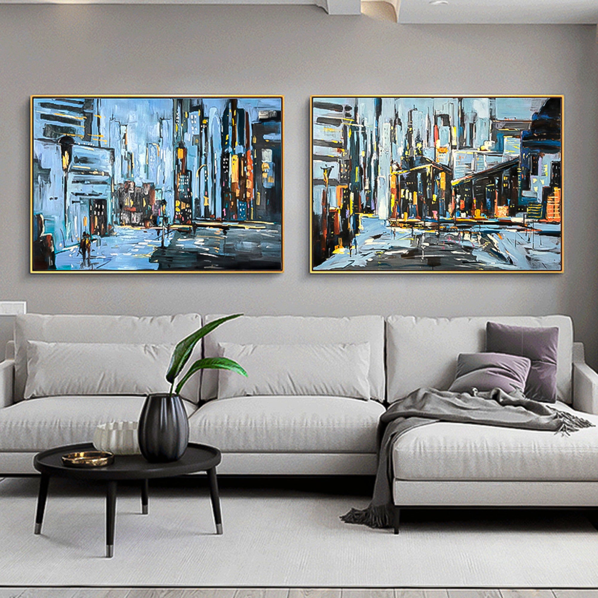 2 piece wall art gallery wall color street date night view original oil painting heavy textured palette knife impressionistic set of 2