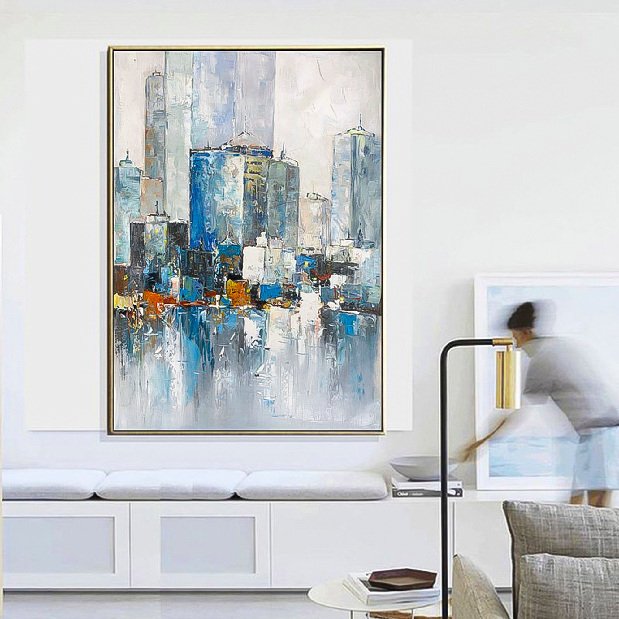 2 piece wall art gallery wall set City oil painting Large City Painting On Canvas Set of 2 Vertical