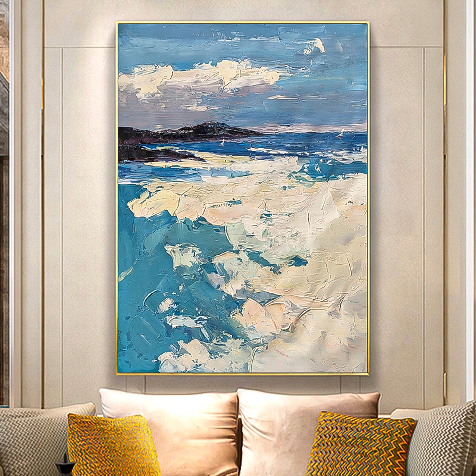 Ocean Oil Painting with rocks, waves and white clouds blue white black color combination vertical brush stroke art