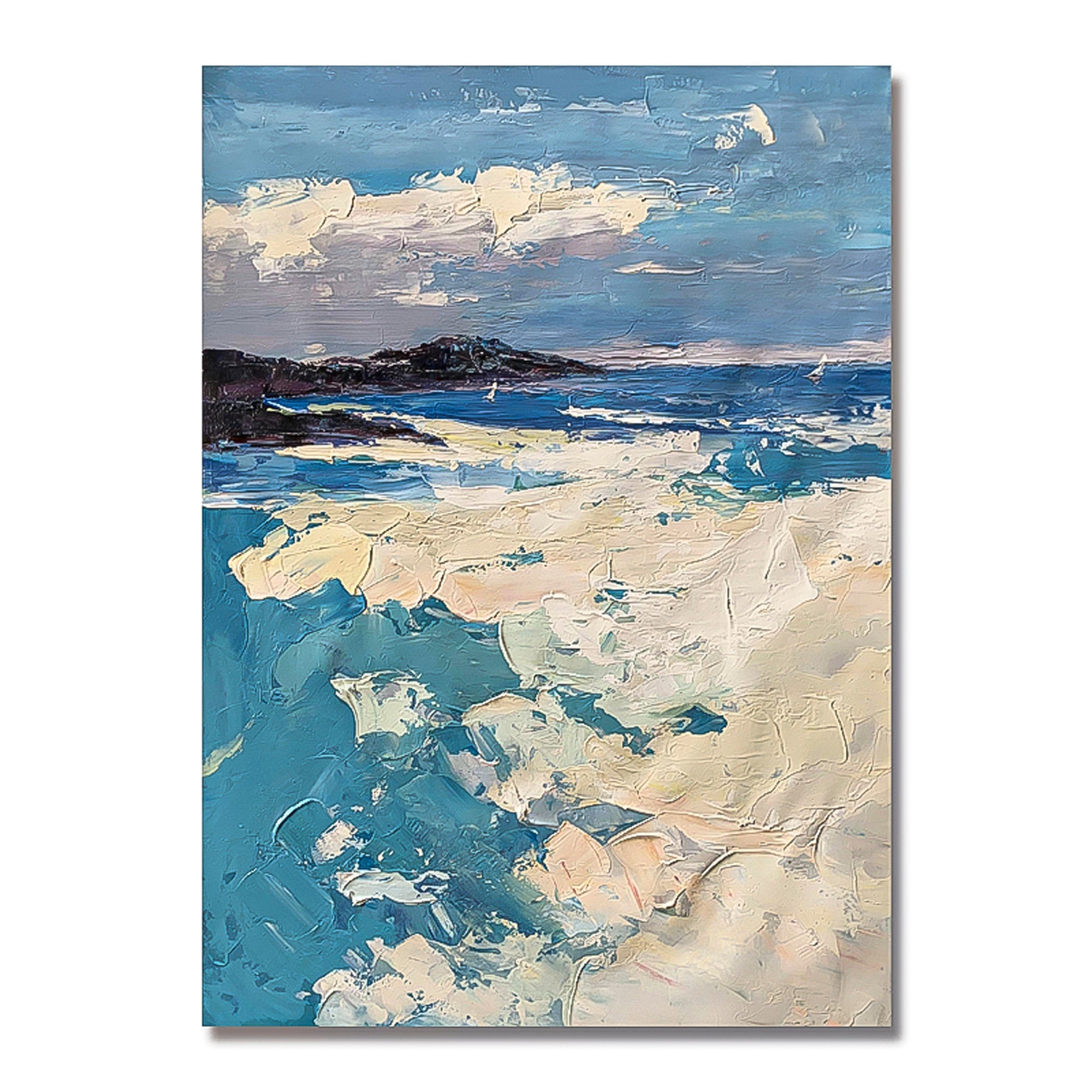 Ocean Oil Painting with rocks, waves and white clouds blue white black color combination vertical brush stroke art