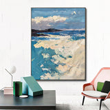 Ocean Oil Painting with rocks, waves and white clouds blue white black color combination vertical brush stroke art