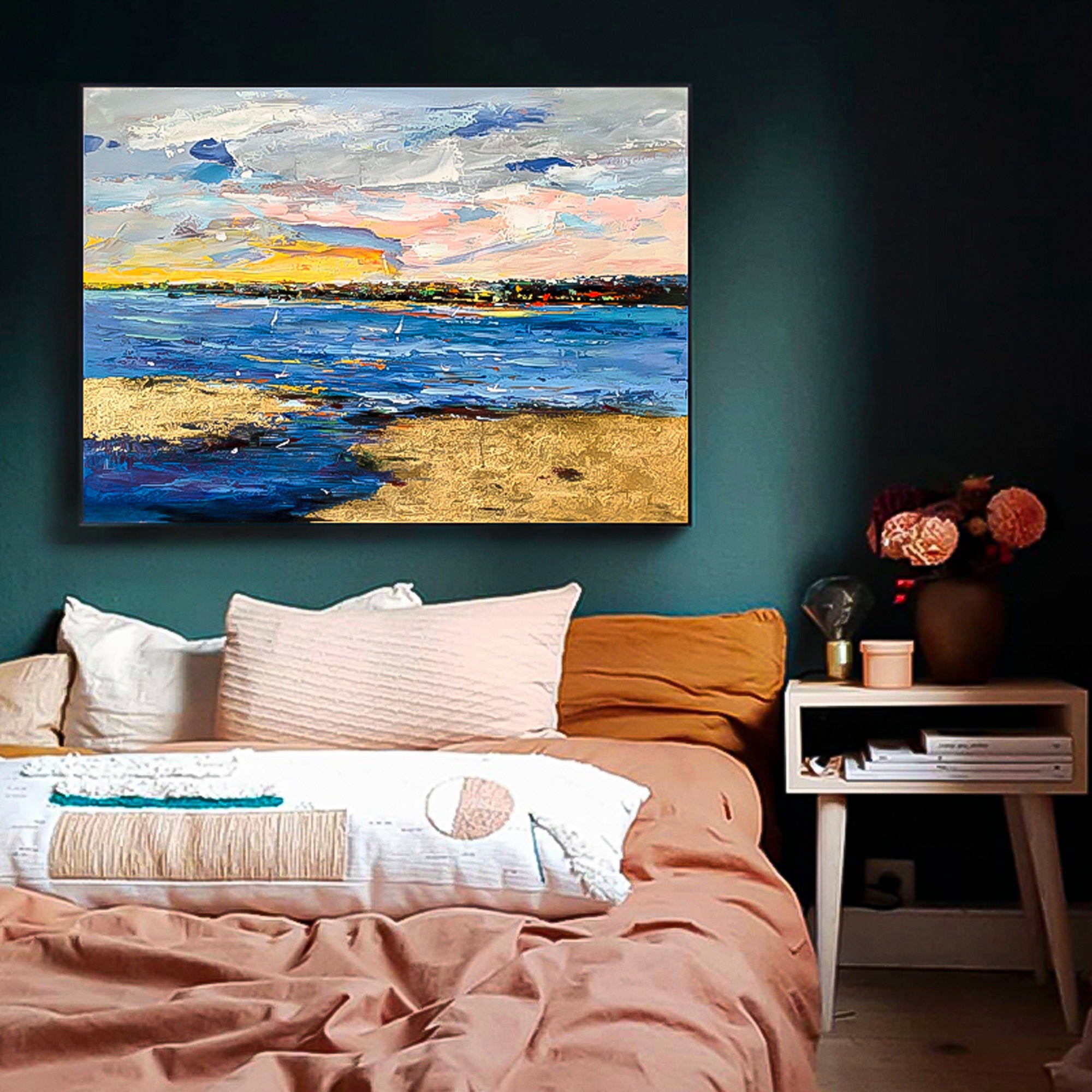 Blue Sea Ocean Oil Painting Abstract Sunset Navy Blue Light Blue Wall Art therapy Horizontal