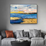 Blue Sea Ocean Oil Painting Abstract Sunset Navy Blue Light Blue Wall Art therapy Horizontal