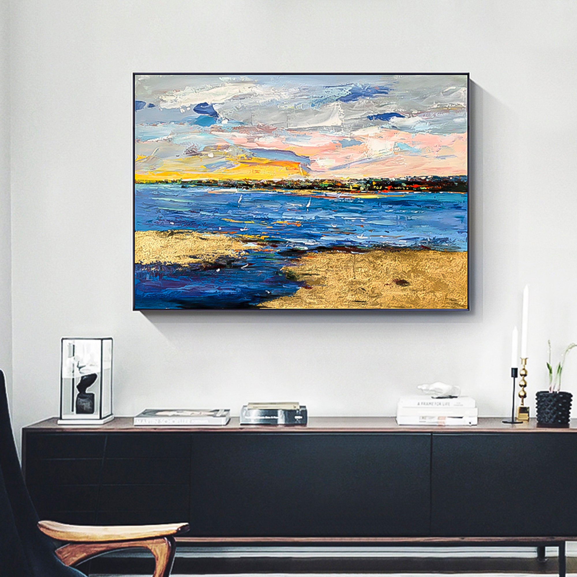 Blue Sea Ocean Oil Painting Abstract Sunset Navy Blue Light Blue Wall Art therapy Horizontal