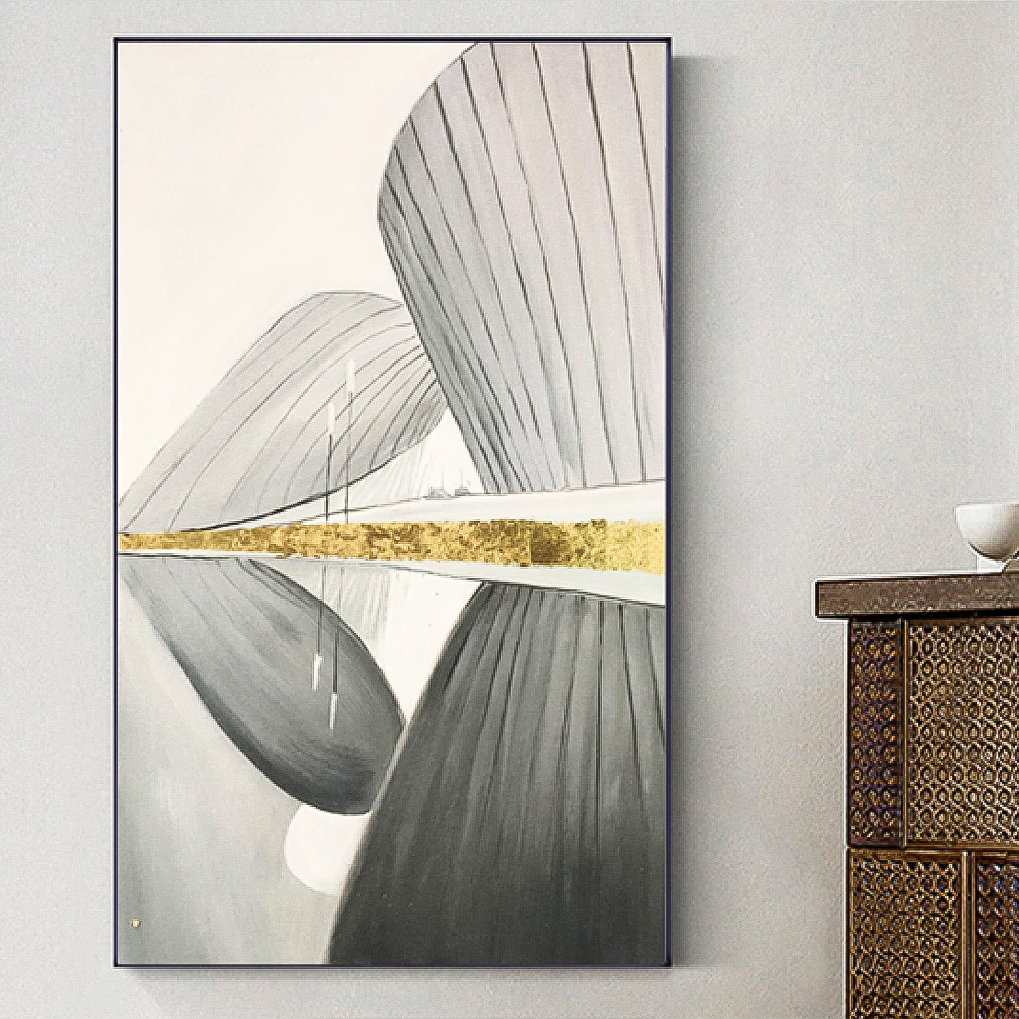 Geometric Wall Art, Scandinavian, Grey and gold foil Abstract Wall Art Oil Painting