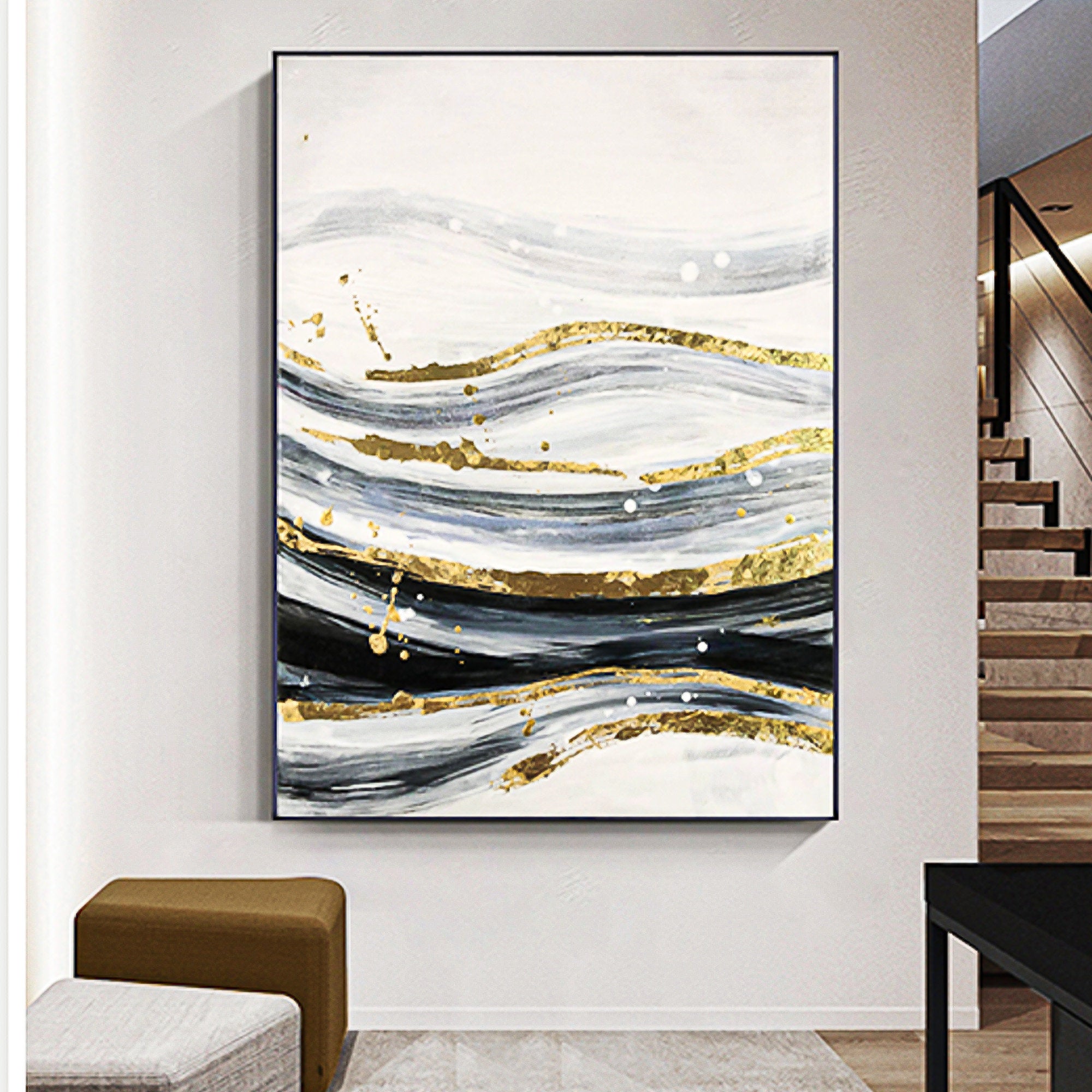 Gold Silver Black Ocean Water Wave Abstract Oil Painting Gold Foil Art