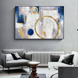 Gold Foil Circle Blue and Silver White Abstract Oil Painting Horizontal Minimalist Abstract Art