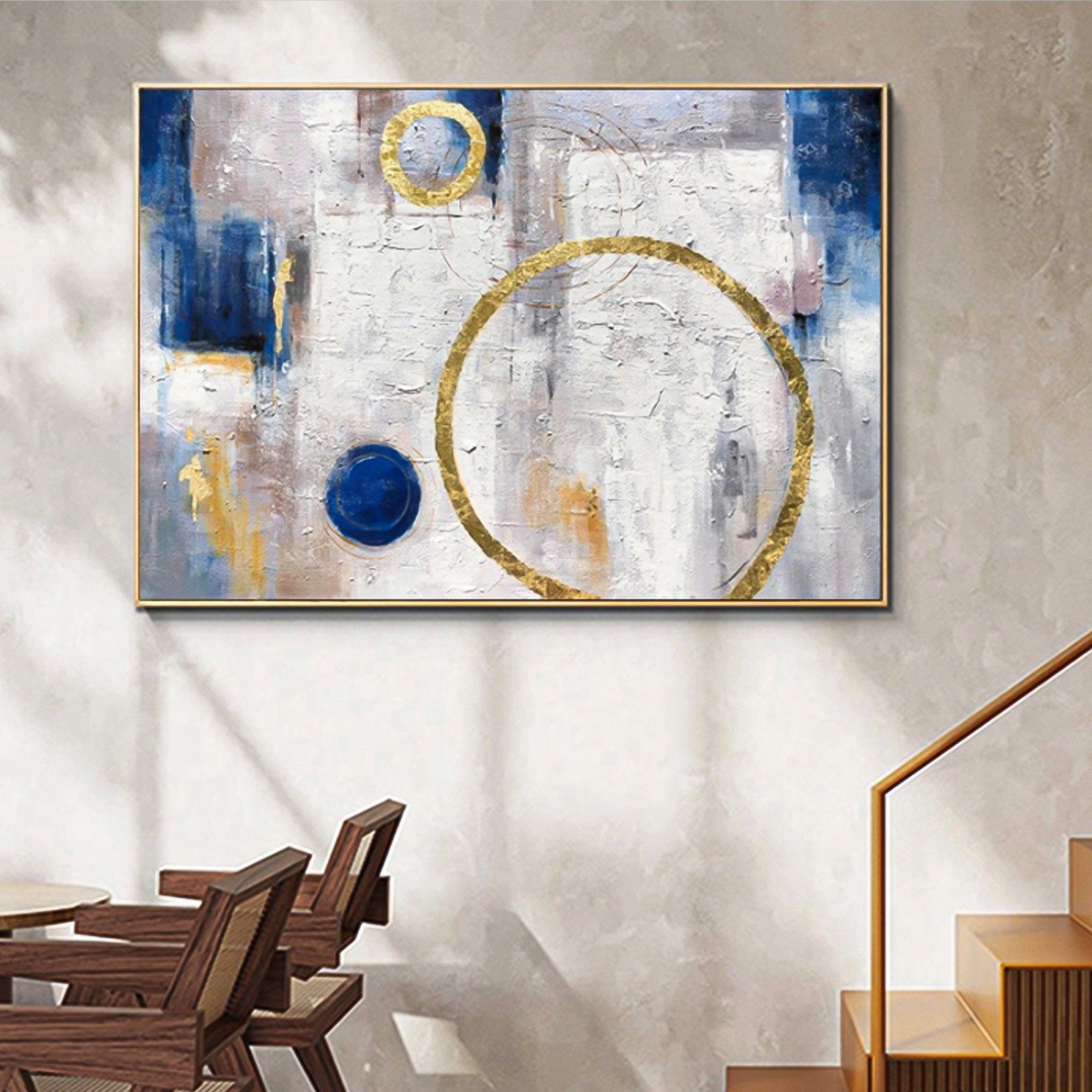 Gold Foil Circle Blue and Silver White Abstract Oil Painting Horizontal Minimalist Abstract Art