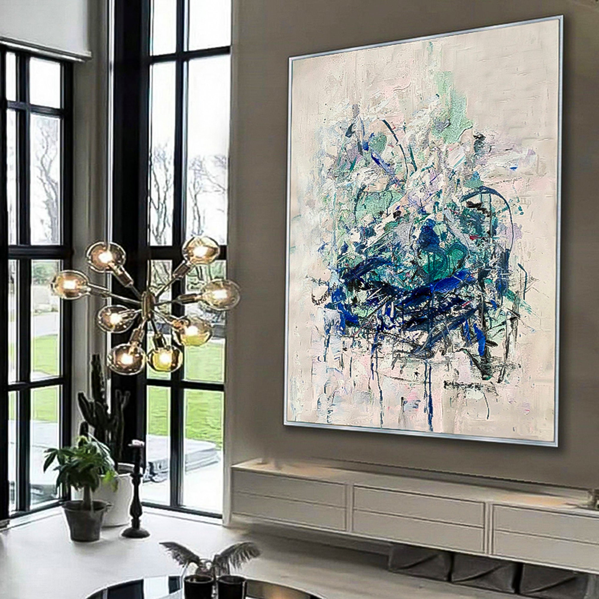 Abstract wall art neutral tones blue brush stroke art heavy textured impressionist wall art