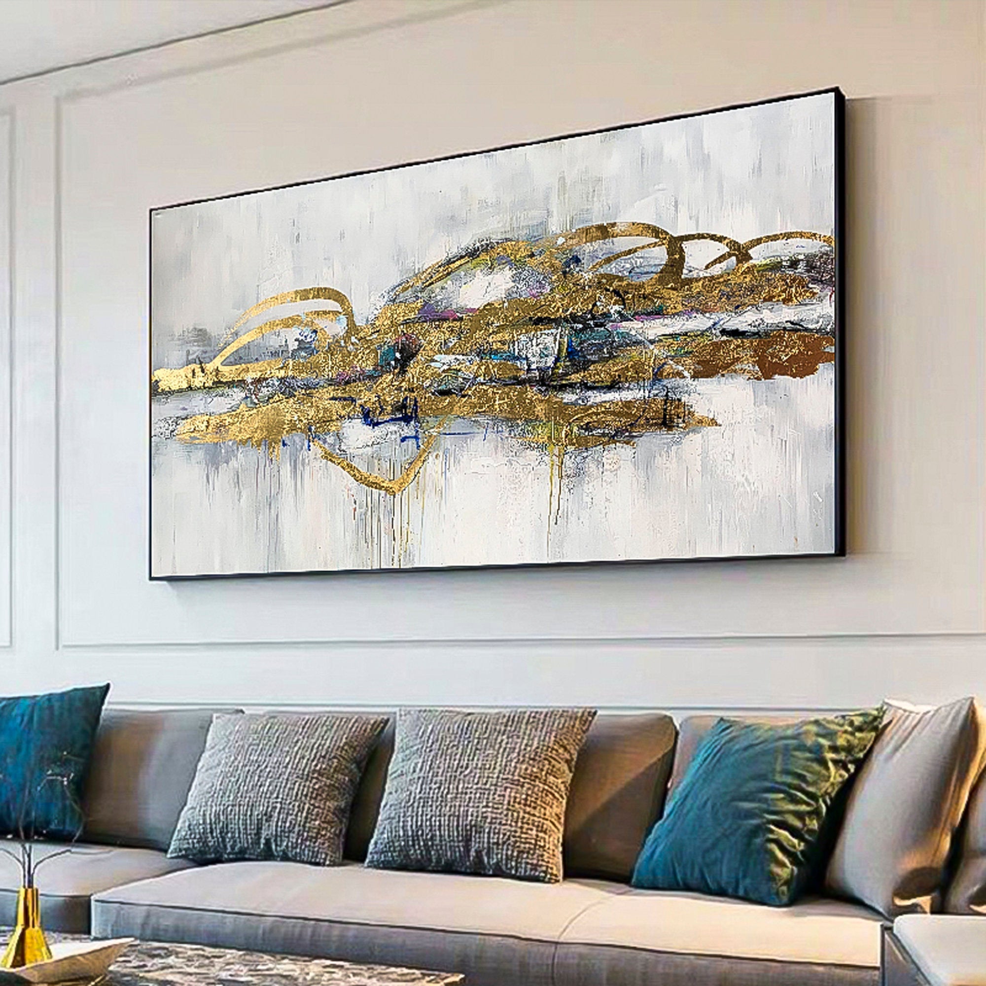 Extra Large Abstract Oil Paintings On Canvas Modern gold foil flakes Painting Handmade Fine Art Contemporary Painting Panoramic wall art