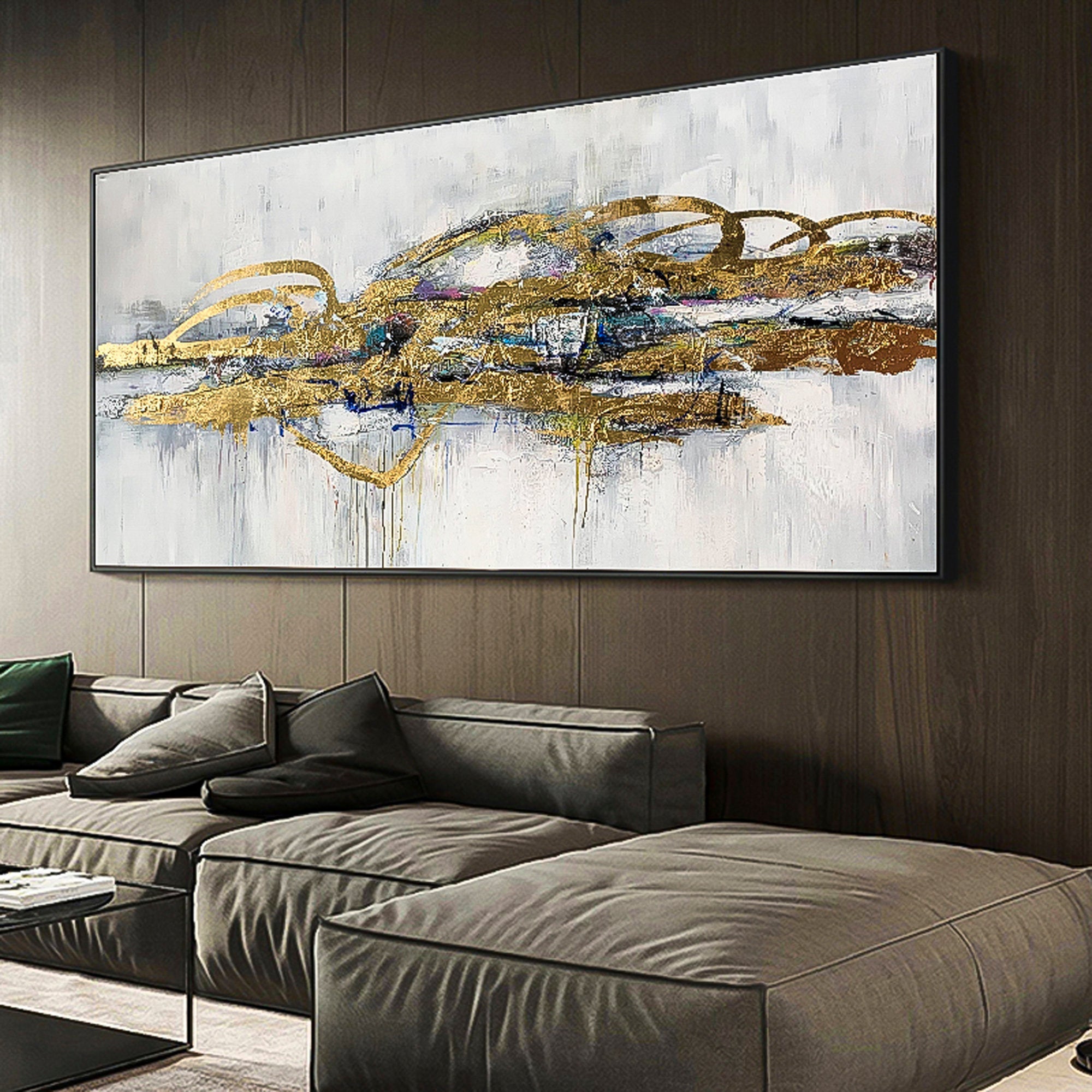 Extra Large Abstract Oil Paintings On Canvas Modern gold foil flakes Painting Handmade Fine Art Contemporary Painting Panoramic wall art