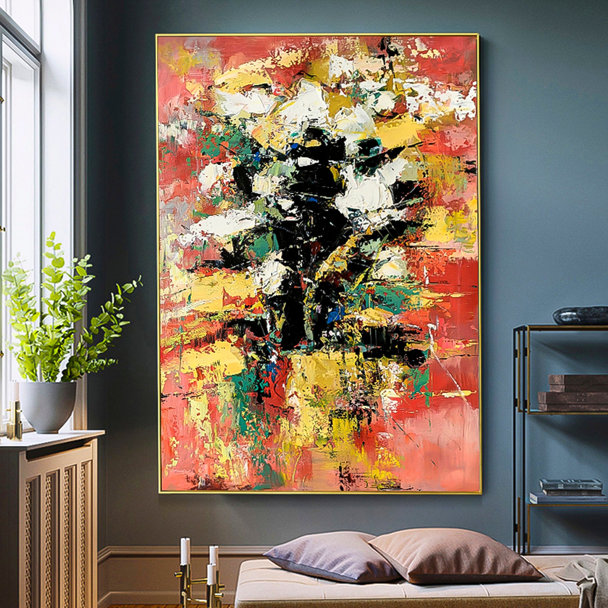 Colorful Black Yellow Brown Red wall art large abstract art | living room wall art canvas