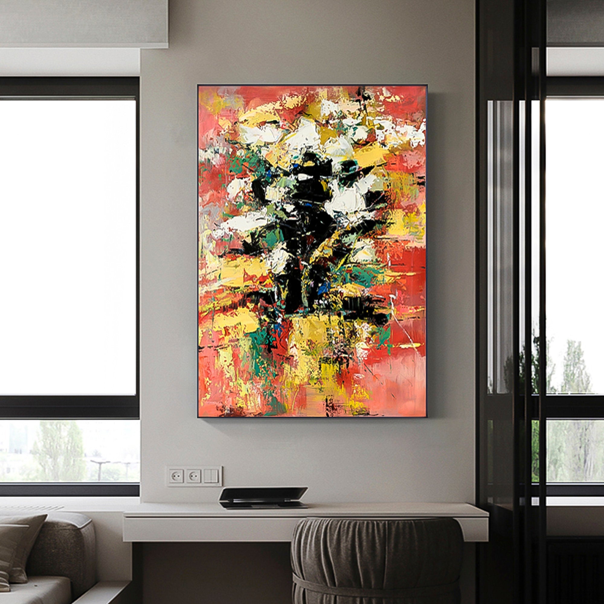 Colorful Black Yellow Brown Red wall art large abstract art | living room wall art canvas