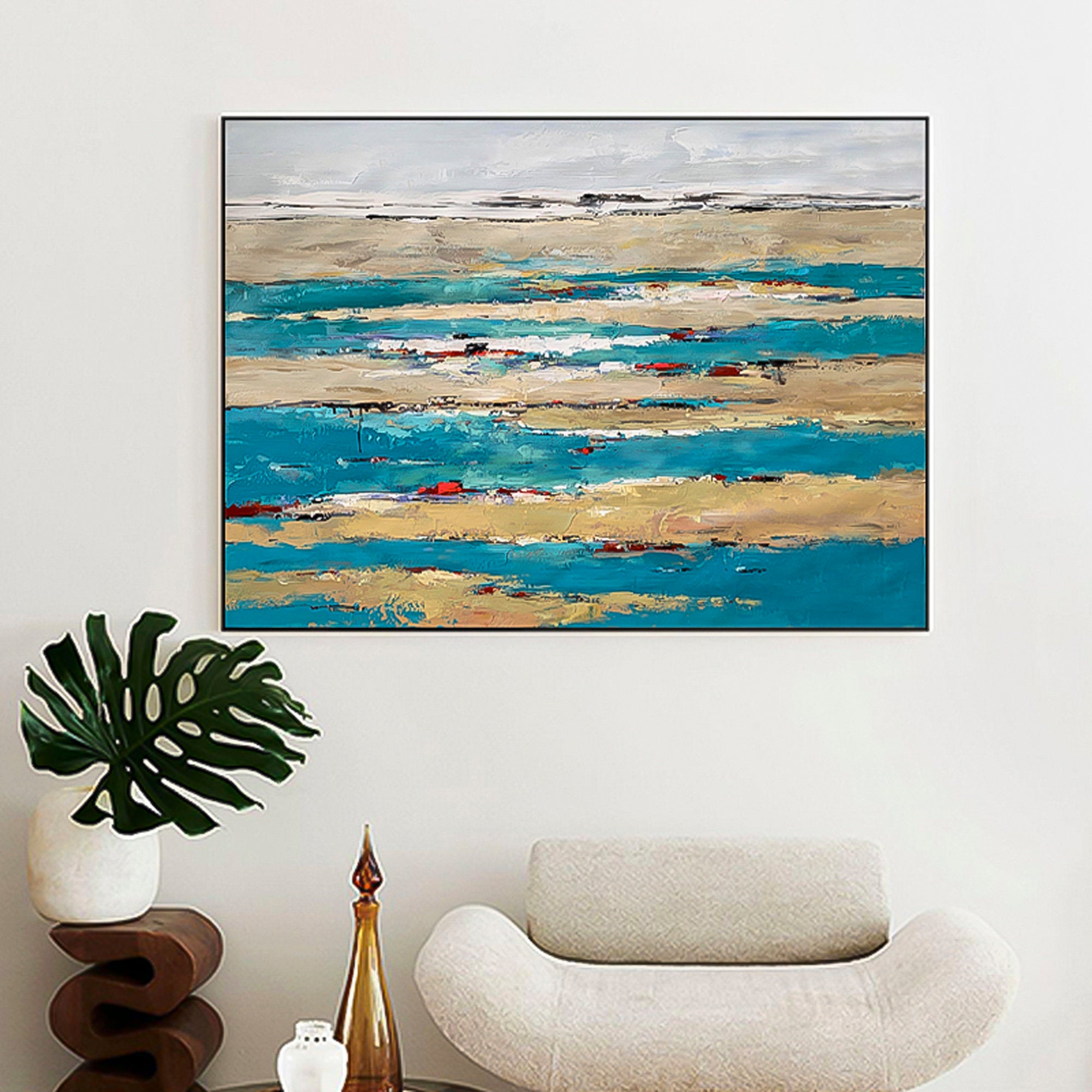 Deep Sea Wall Art Ocean with Rose Petals Oil Painting blue green sea ocean art vertical brush stroke art