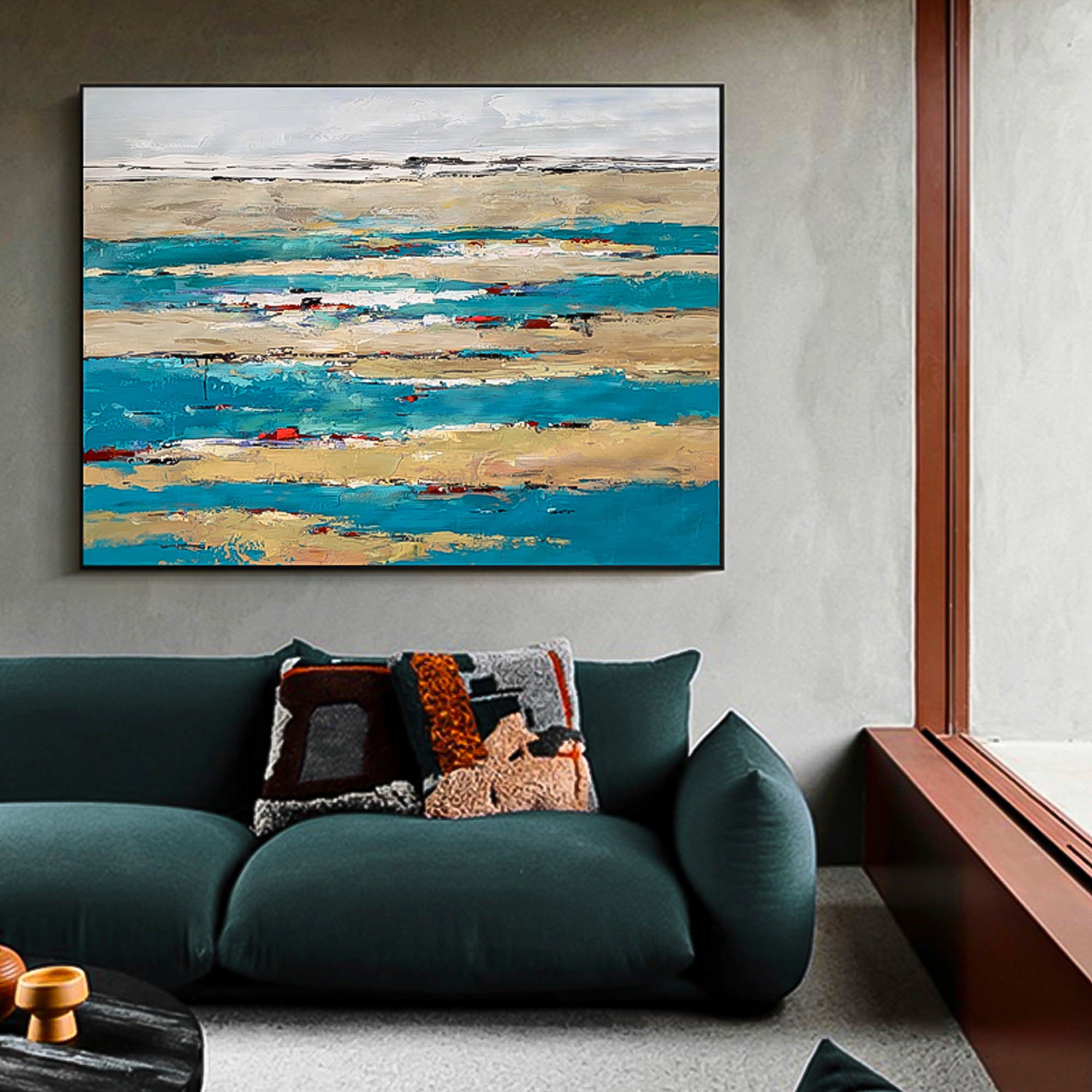 Deep Sea Wall Art Ocean with Rose Petals Oil Painting blue green sea ocean art vertical brush stroke art