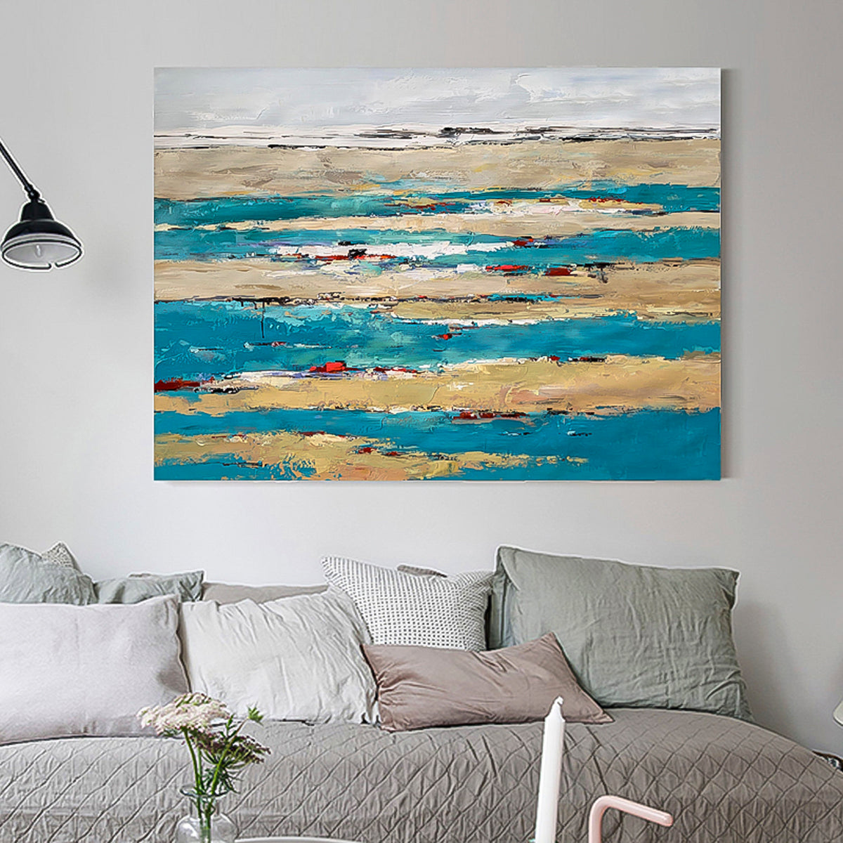 Deep Sea Wall Art Ocean with Rose Petals Oil Painting blue green sea ocean art vertical brush stroke art