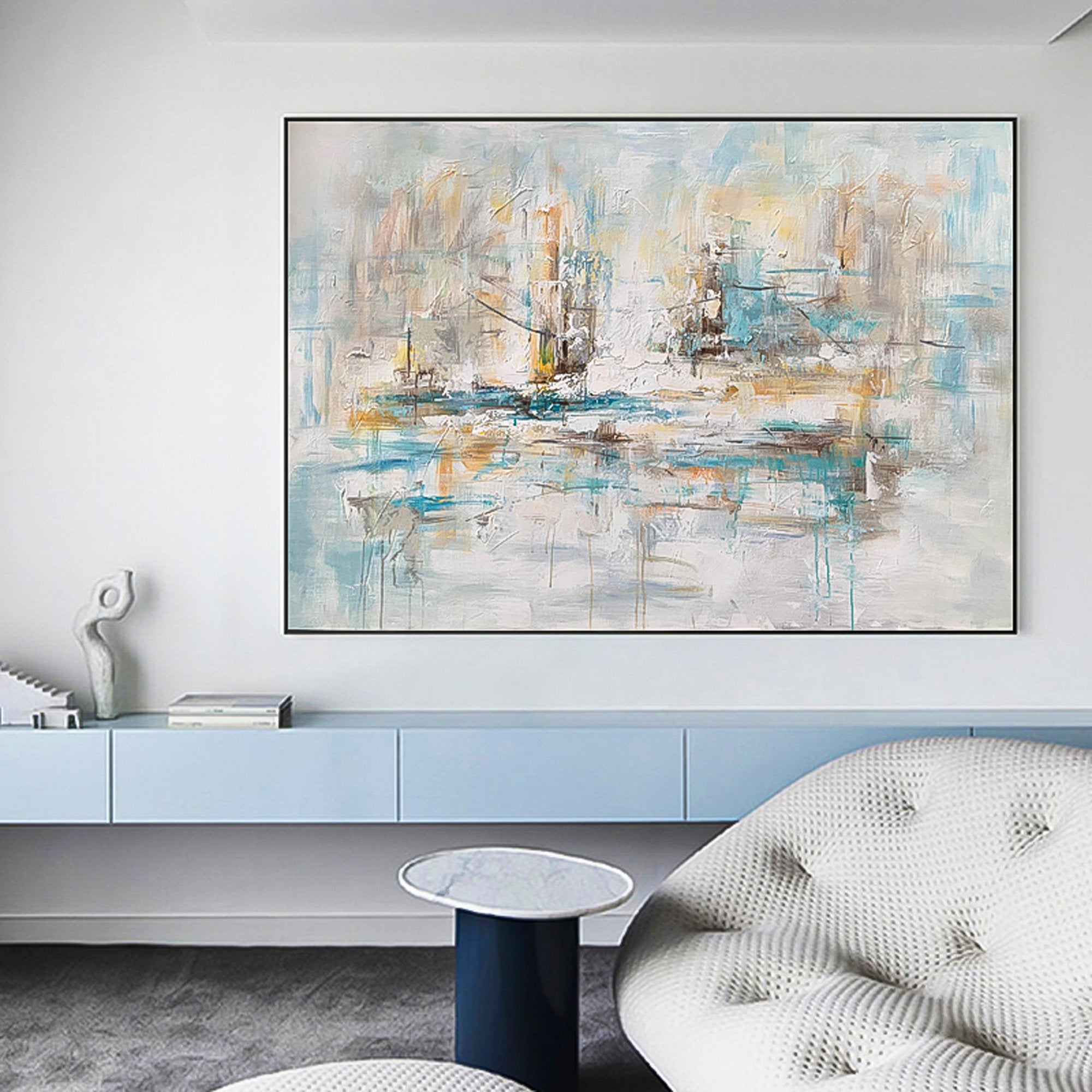 Beige white City landscape buildings skyline Huge wall art Oil Painting Abstract brush stroke art Wall Art therapy Horizontal