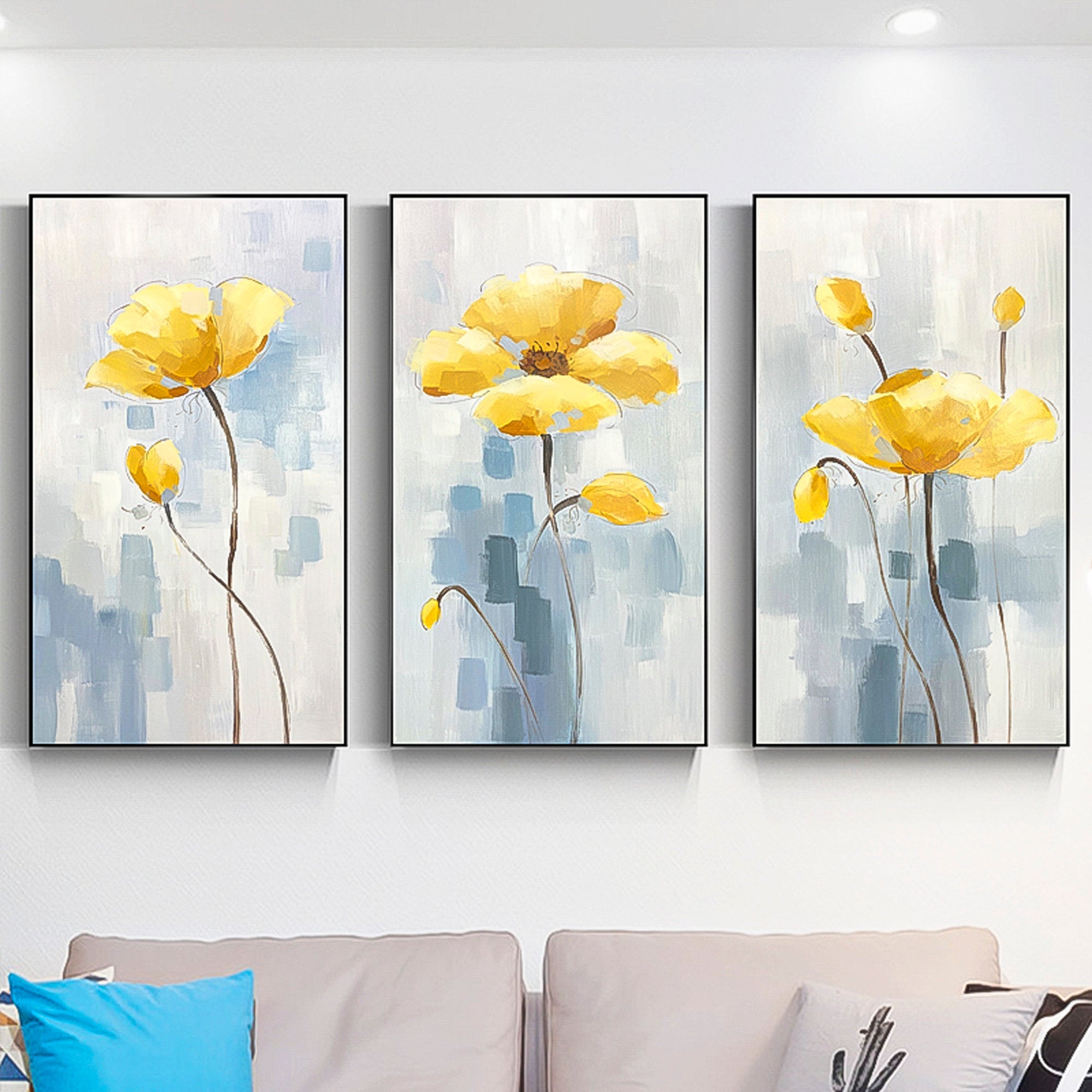 Abstract Floral Oil Painting Yellow leaf coral pink Oil Paint Canvas Set of 3 Abstract Canvas Wall Art Wall minimalist triptych wall art