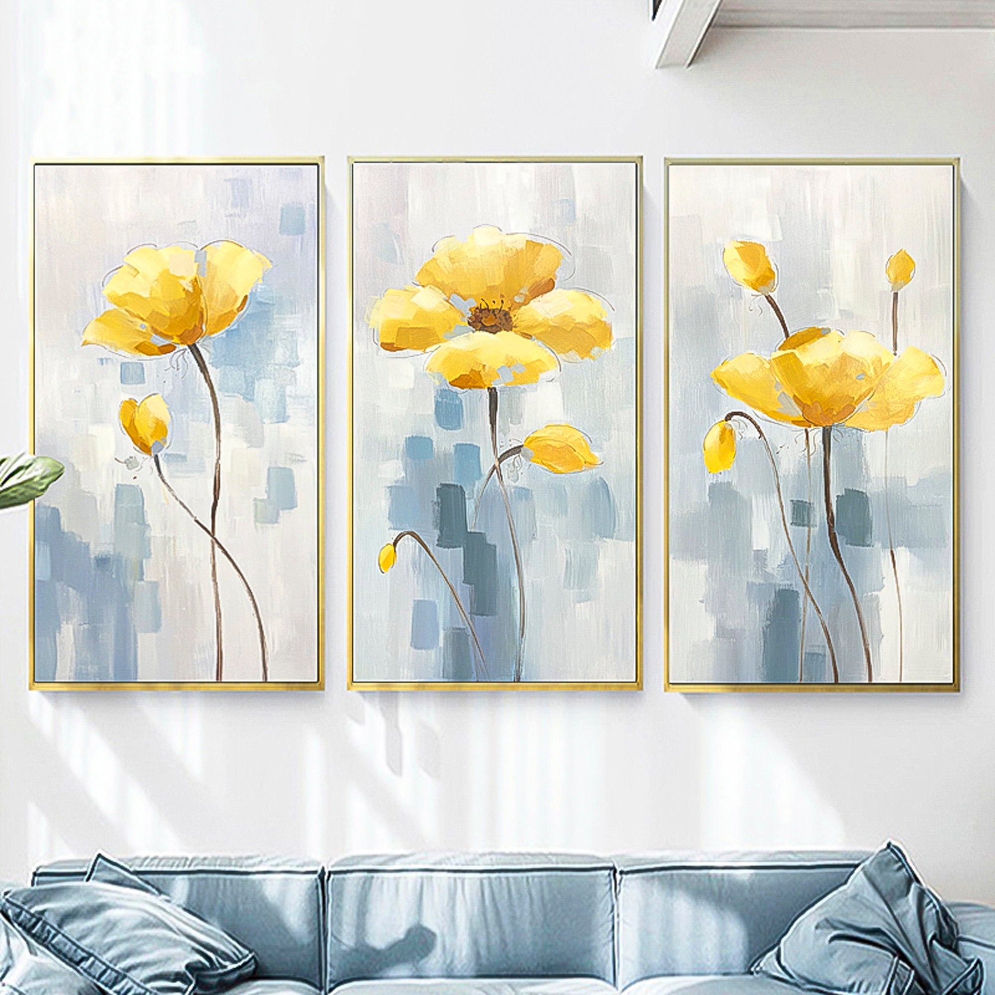 Abstract Floral Oil Painting Yellow leaf coral pink Oil Paint Canvas Set of 3 Abstract Canvas Wall Art Wall minimalist triptych wall art