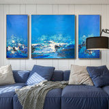 3 piece wall art Blue Ocean Abstract Wall Art Oil Painting palette knife thick textured sea ocean abstract oil painting