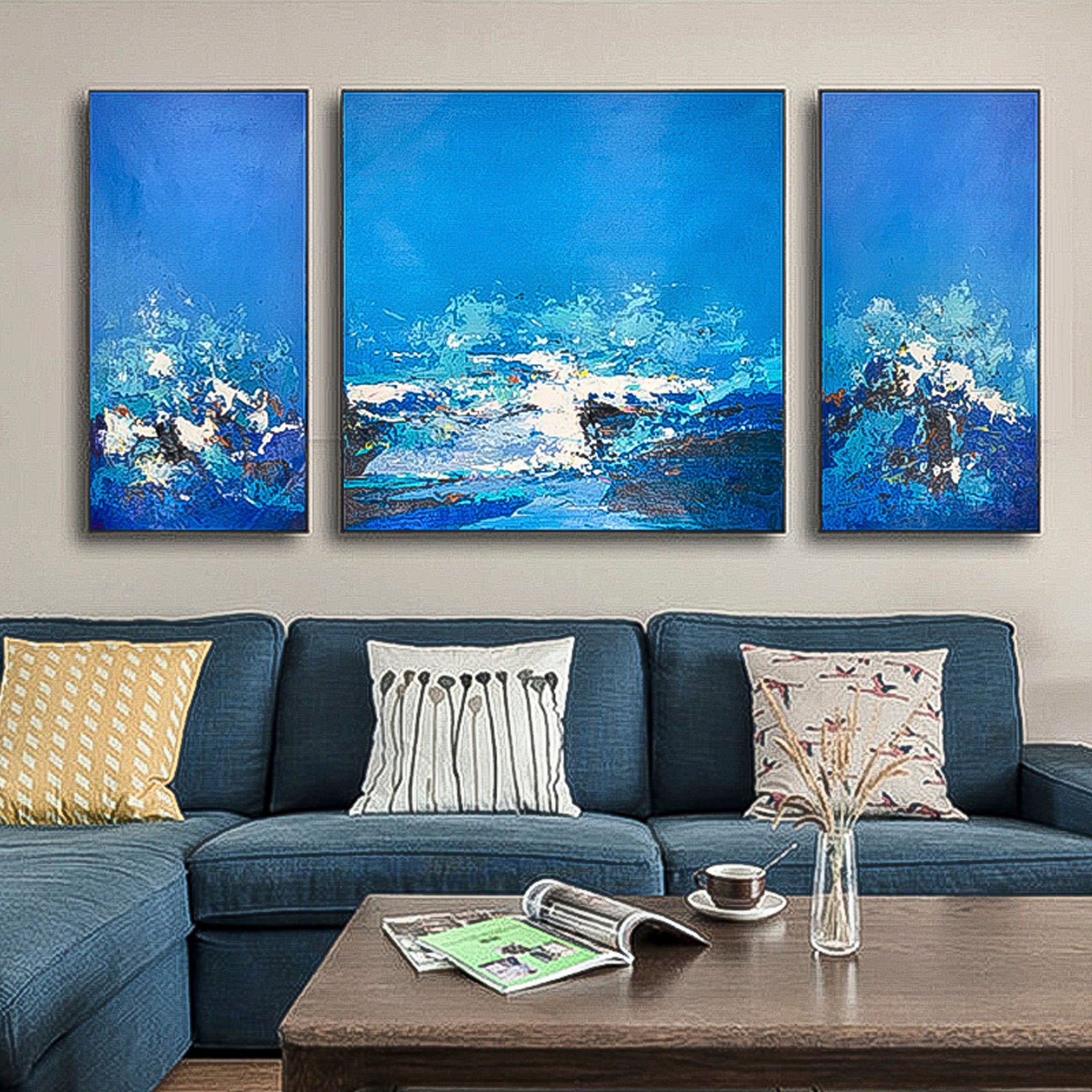 3 piece wall art Blue Ocean Abstract Wall Art Oil Painting palette knife thick textured sea ocean abstract oil painting