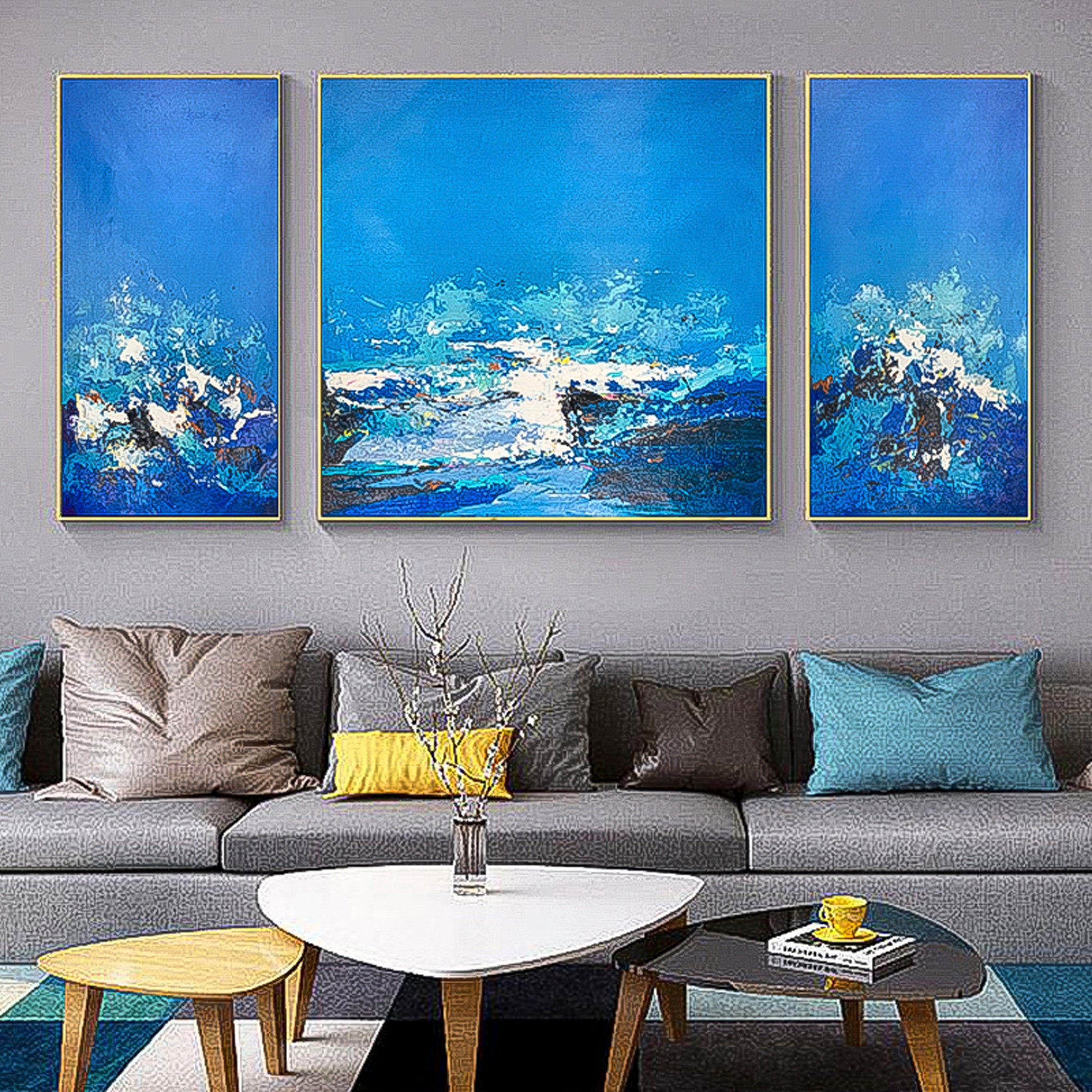 3 piece wall art Blue Ocean Abstract Wall Art Oil Painting palette knife thick textured sea ocean abstract oil painting