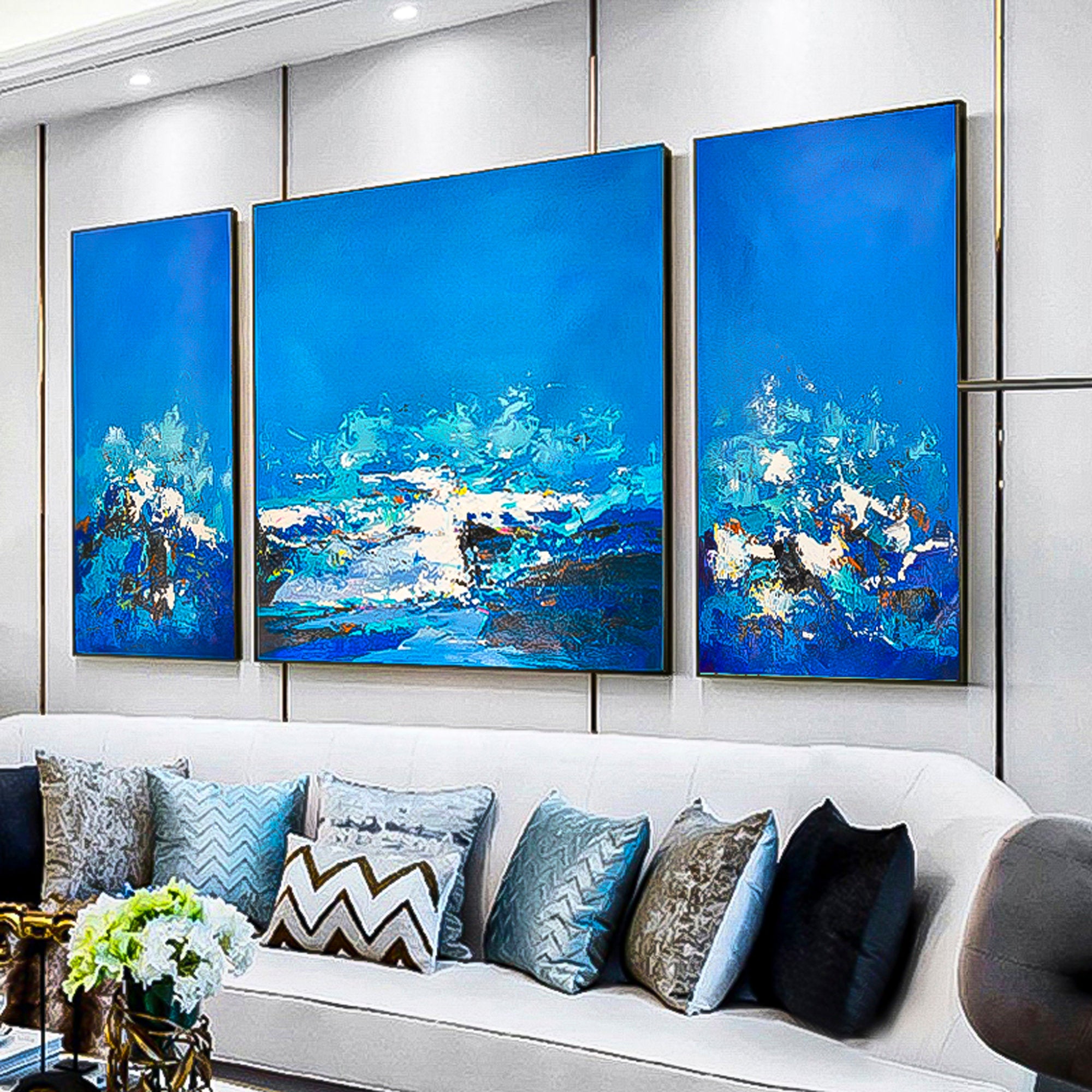 3 piece wall art Blue Ocean Abstract Wall Art Oil Painting palette knife thick textured sea ocean abstract oil painting