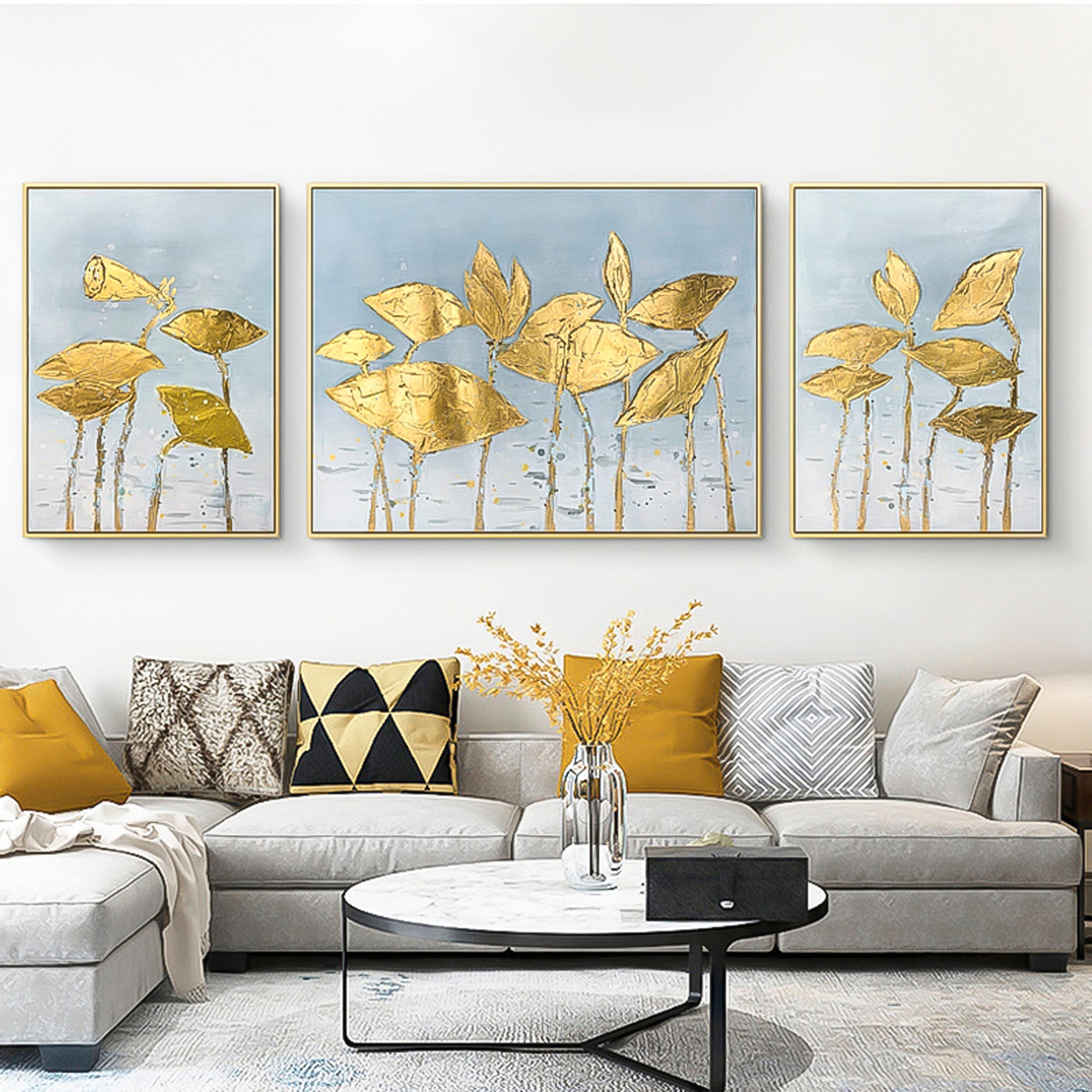 3 piece wall art Gold Leaf Painting palette knife thick textured abstract oil painting