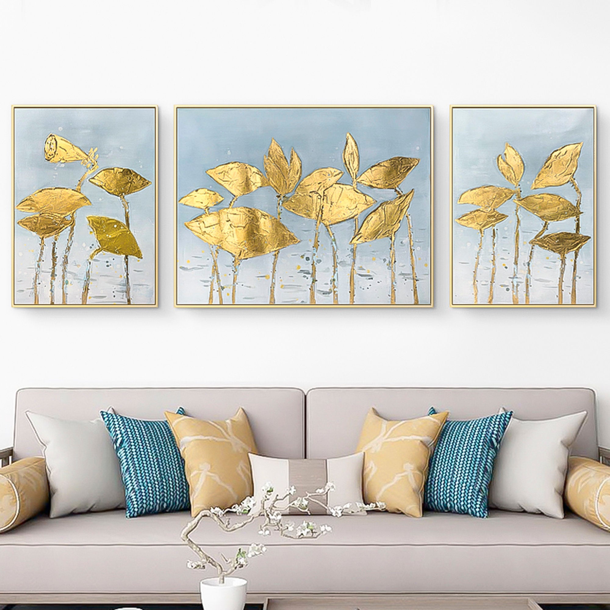 3 piece wall art Gold Leaf Painting palette knife thick textured abstract oil painting