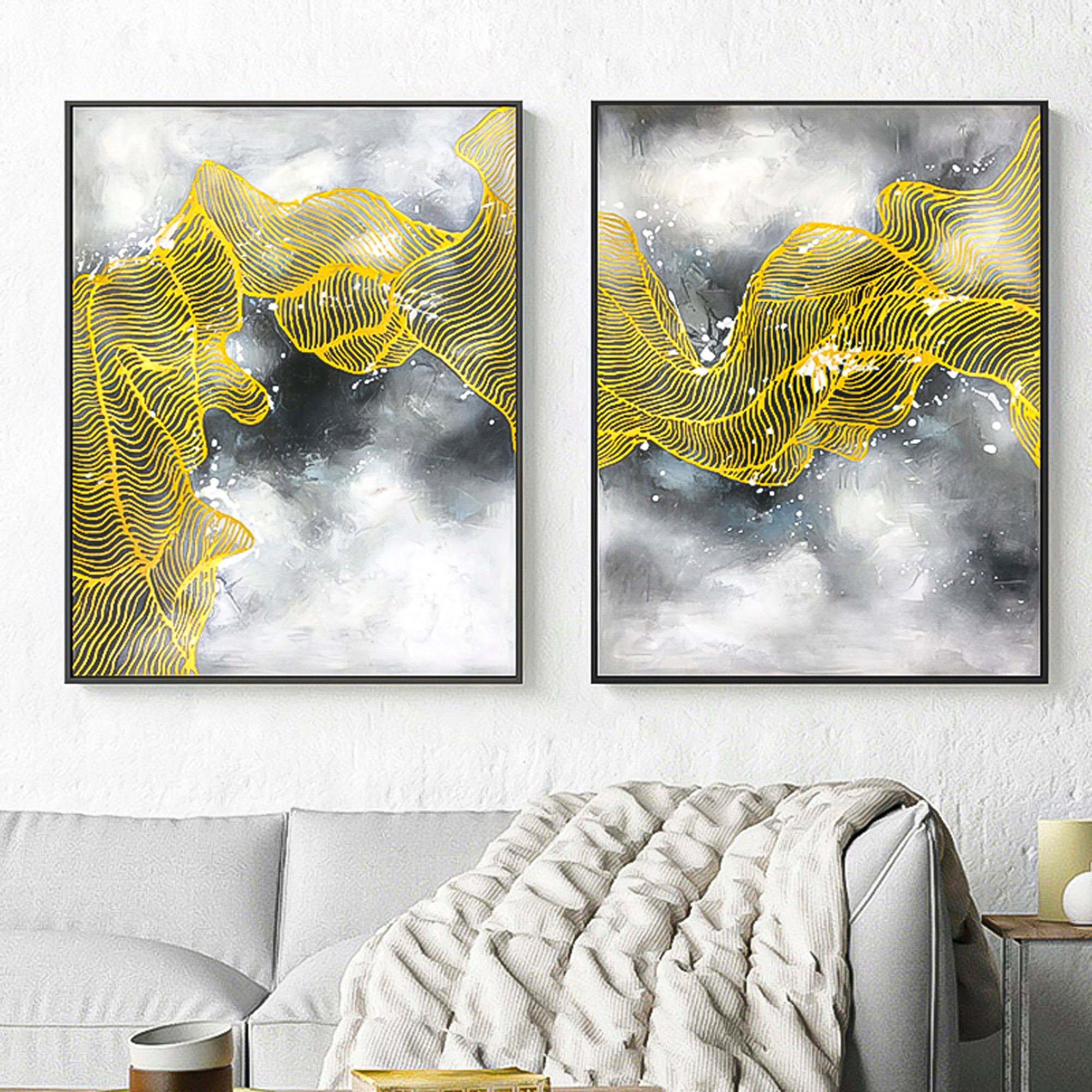 2 piece wall art abstract Gold Foil Wall Art Modern Abstract Oil Painting On Canvas Set of 2 Vertical