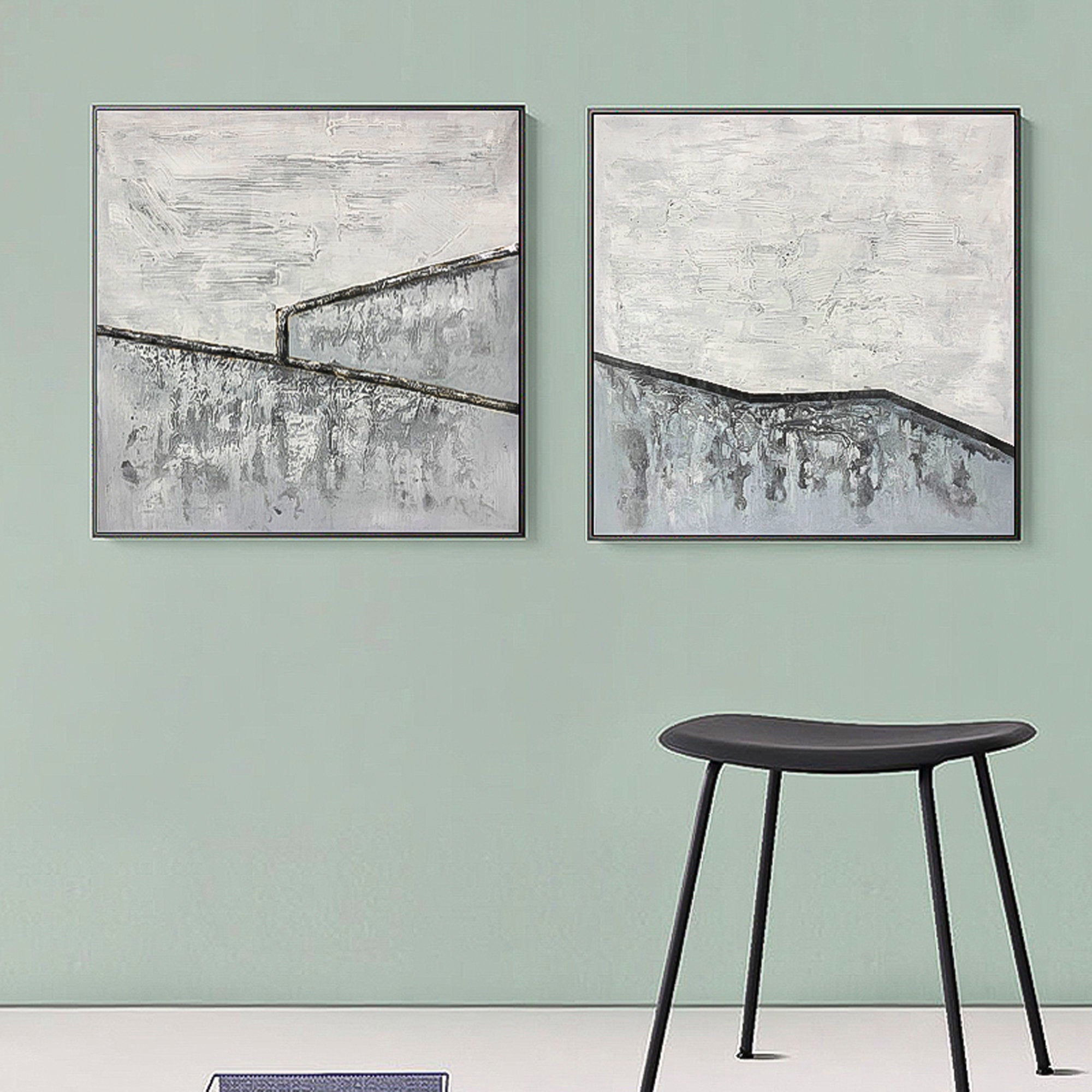 Original handmade minimalist painting Silver Painting 2 piece wall art abstract Square set of 2 Silver and black Abstract Wall Art