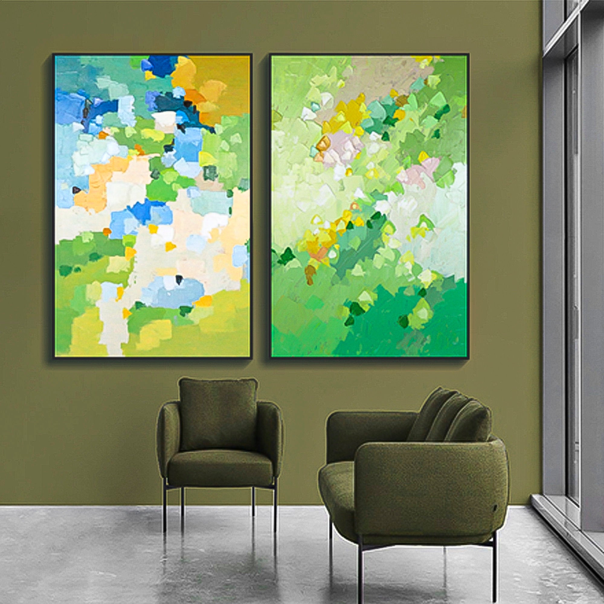 2 piece wall art gallery wall set greenery wall art Modern Abstract Oil Painting On Canvas Set of 2 Vertical designer wall art