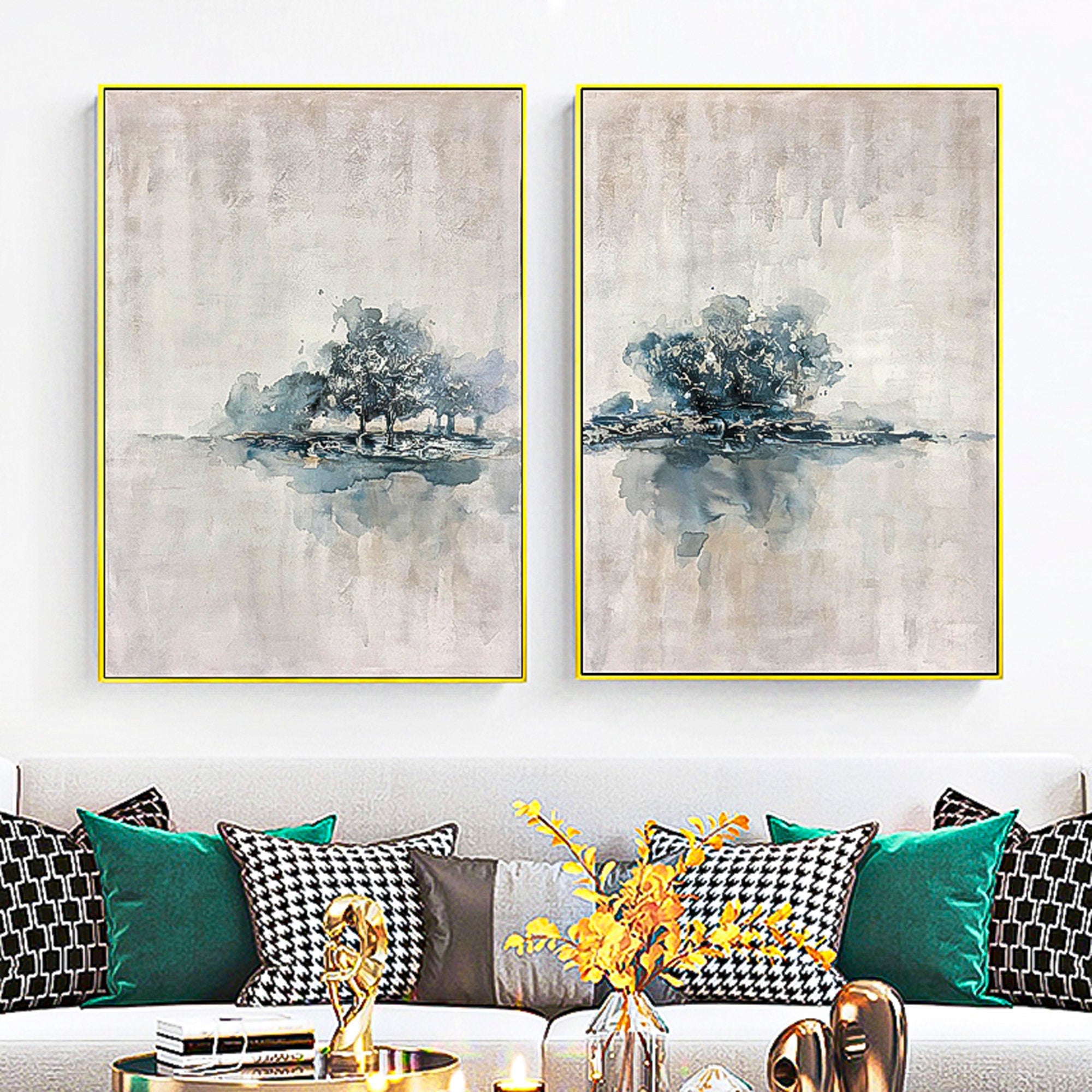 2 piece wall art gallery wall set Abstract tree painting canvas wall art Modern Abstract Oil Painting On Canvas Set of 2 Vertical